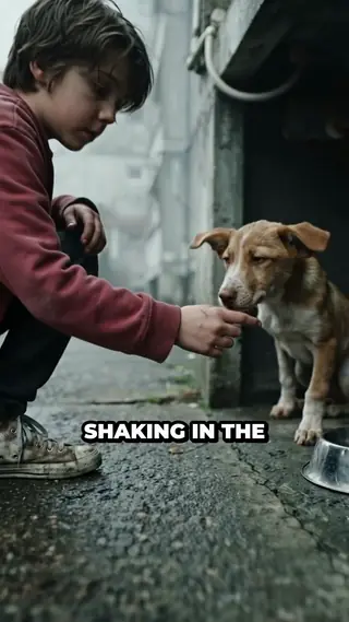 Picture of ClipNova Zebracat Alternative: scene 1, Leo kneeling to feed a stray puppy
