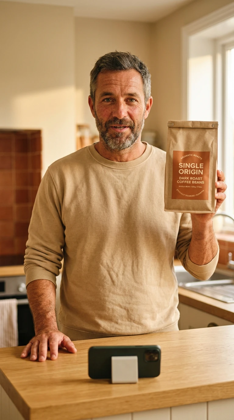 AI creator holding the coffee bag, ready to be animated