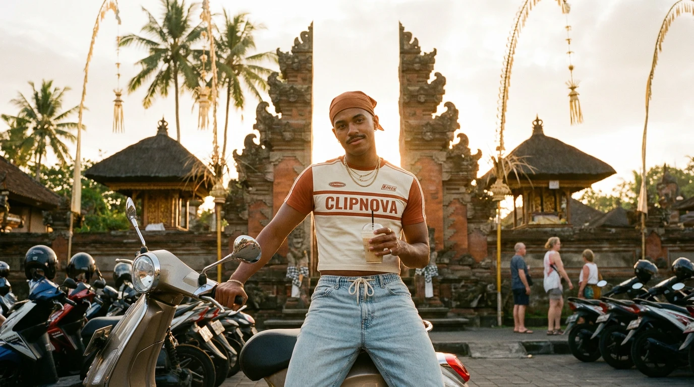 AI talking-avatar creator filming UGC social content on a scooter in Bali