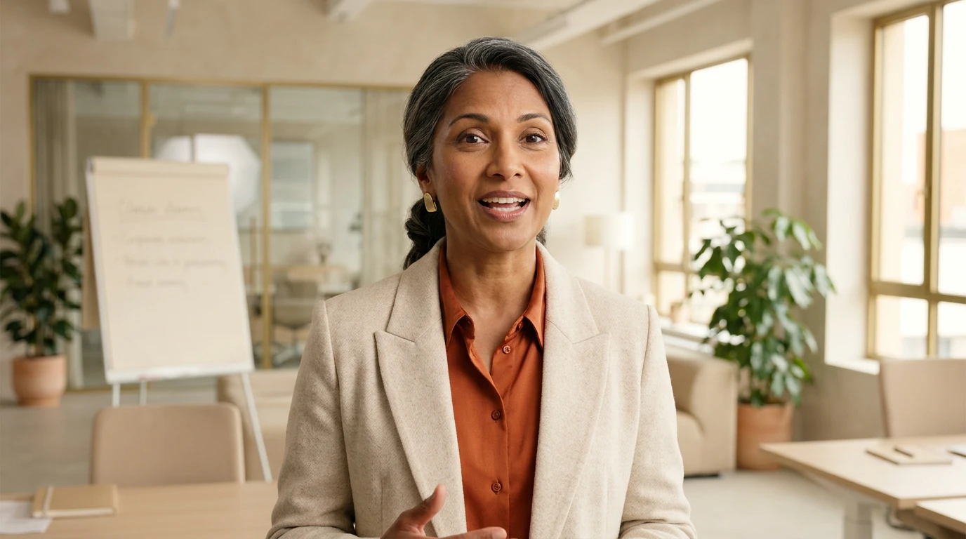 AI talking-avatar presenter delivering a training module in an office