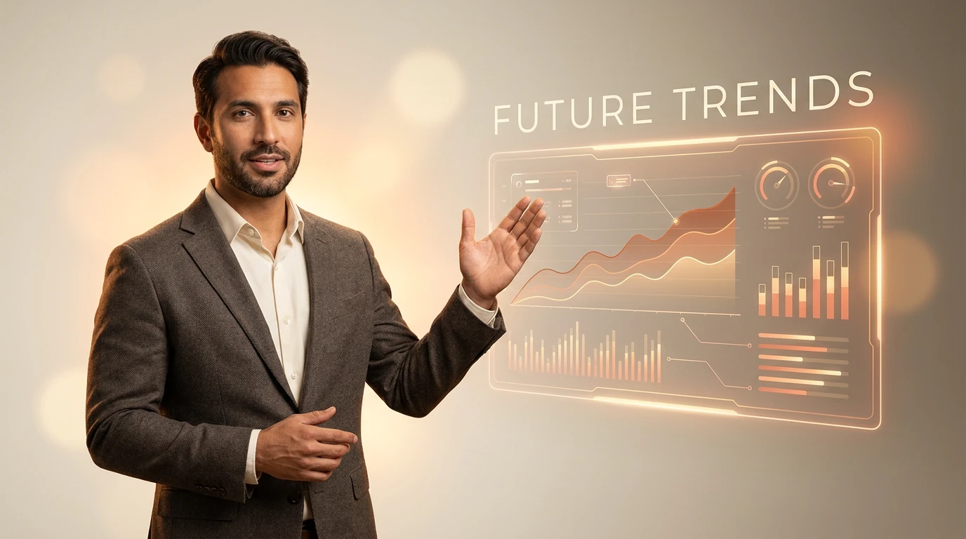 AI talking-avatar presenter beside a data dashboard in a pitch deck