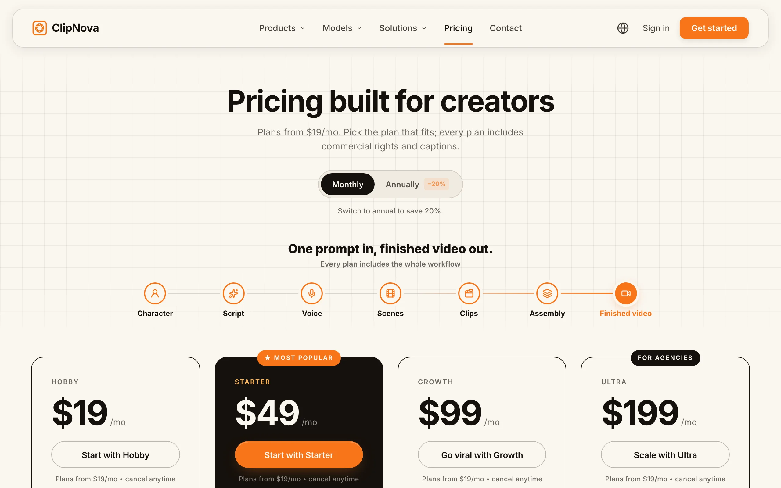 AI video generator pricing at ClipNova: Hobby $19, Starter $49, Growth $99, and Ultra $199 monthly plans