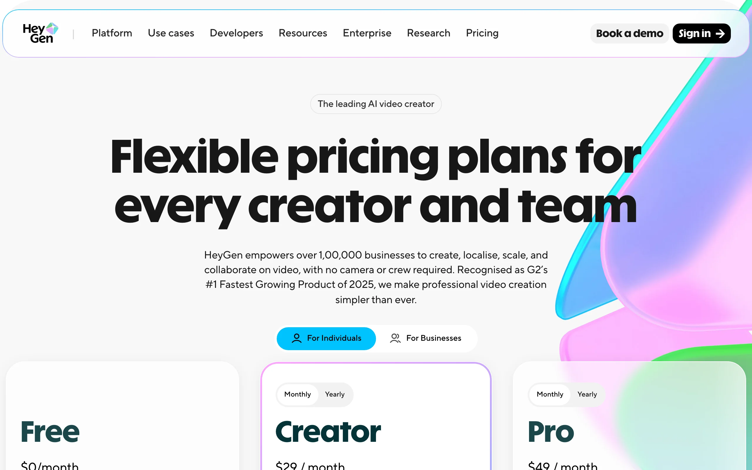 HeyGen pricing page listing Creator and Pro plans for AI avatar video