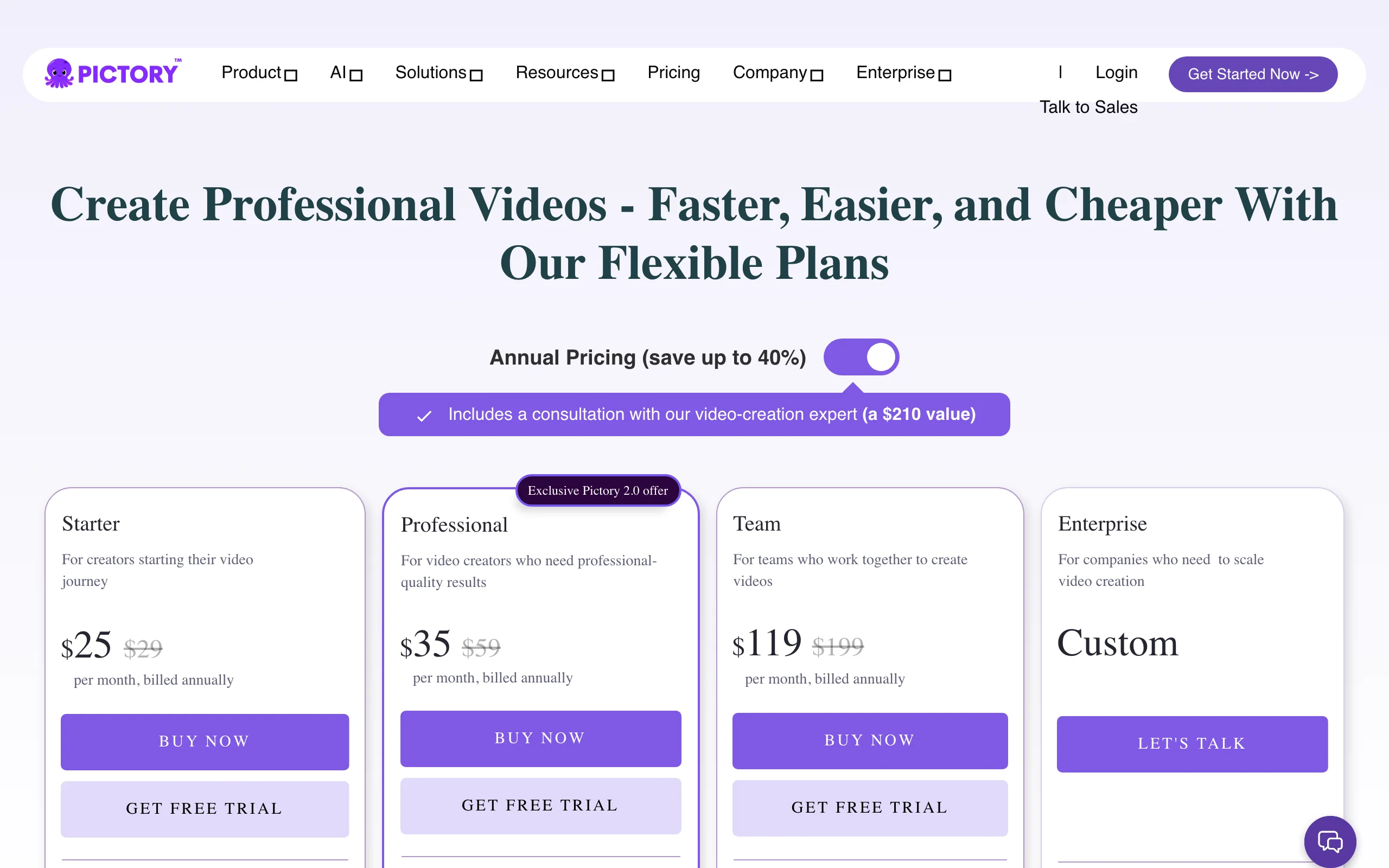 Pictory pricing page with Starter, Professional, Team, and Enterprise video plans