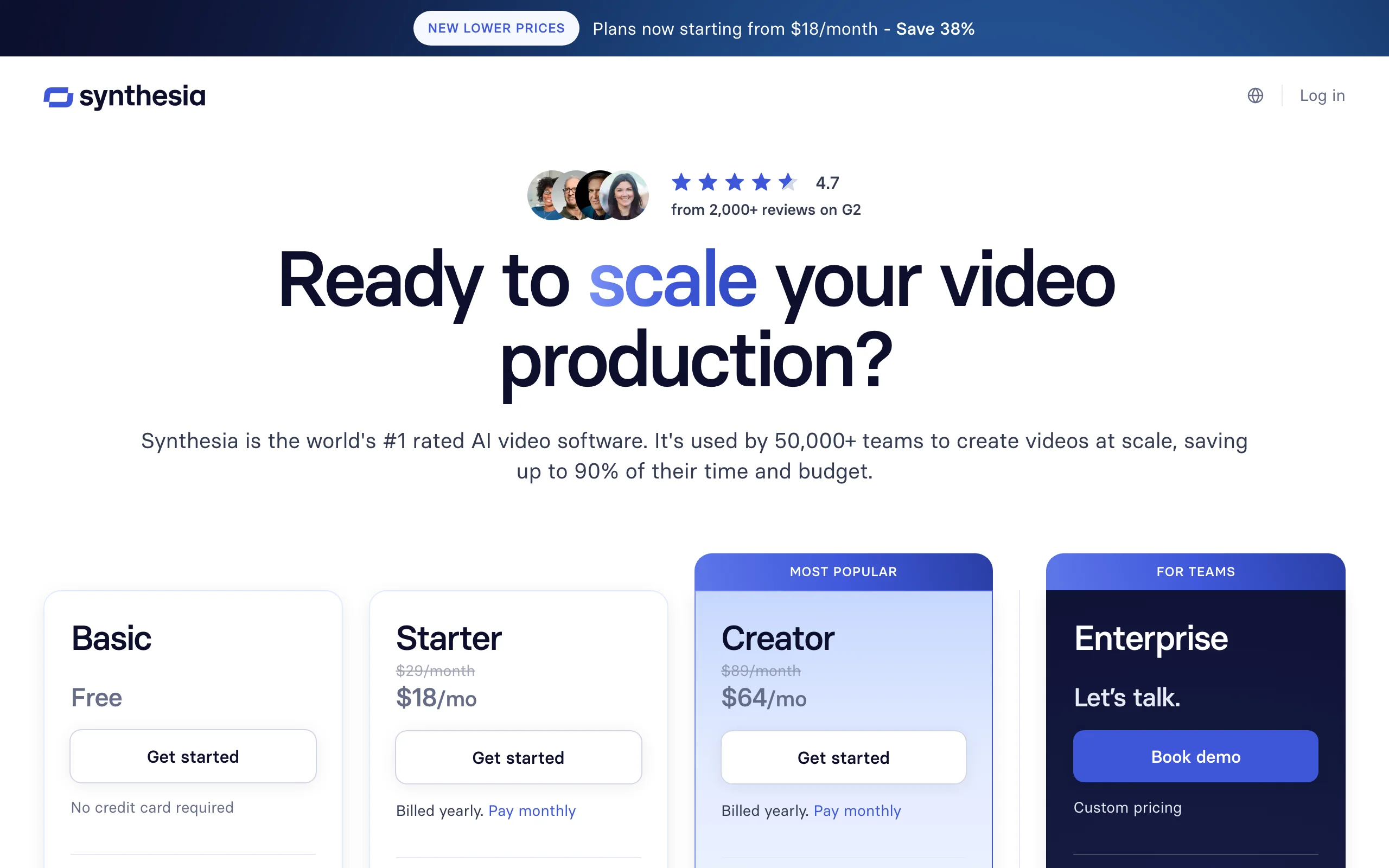 Synthesia pricing page with Starter, Creator, and Enterprise avatar video plans