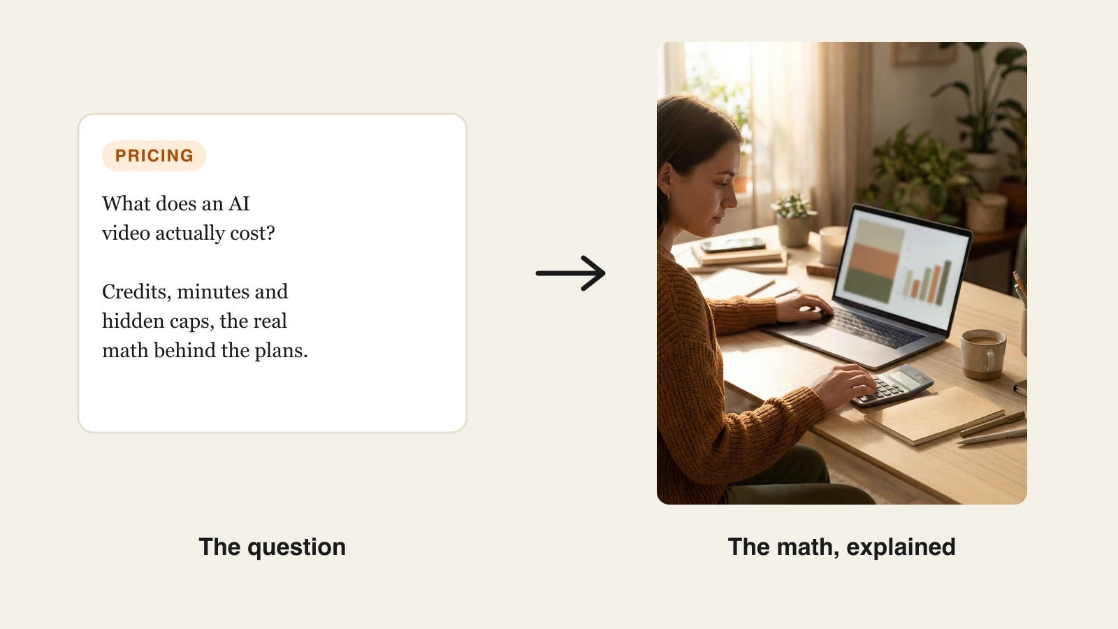 AI video generator pricing: a card asking what an AI video really costs next to a creator checking a budget on a laptop