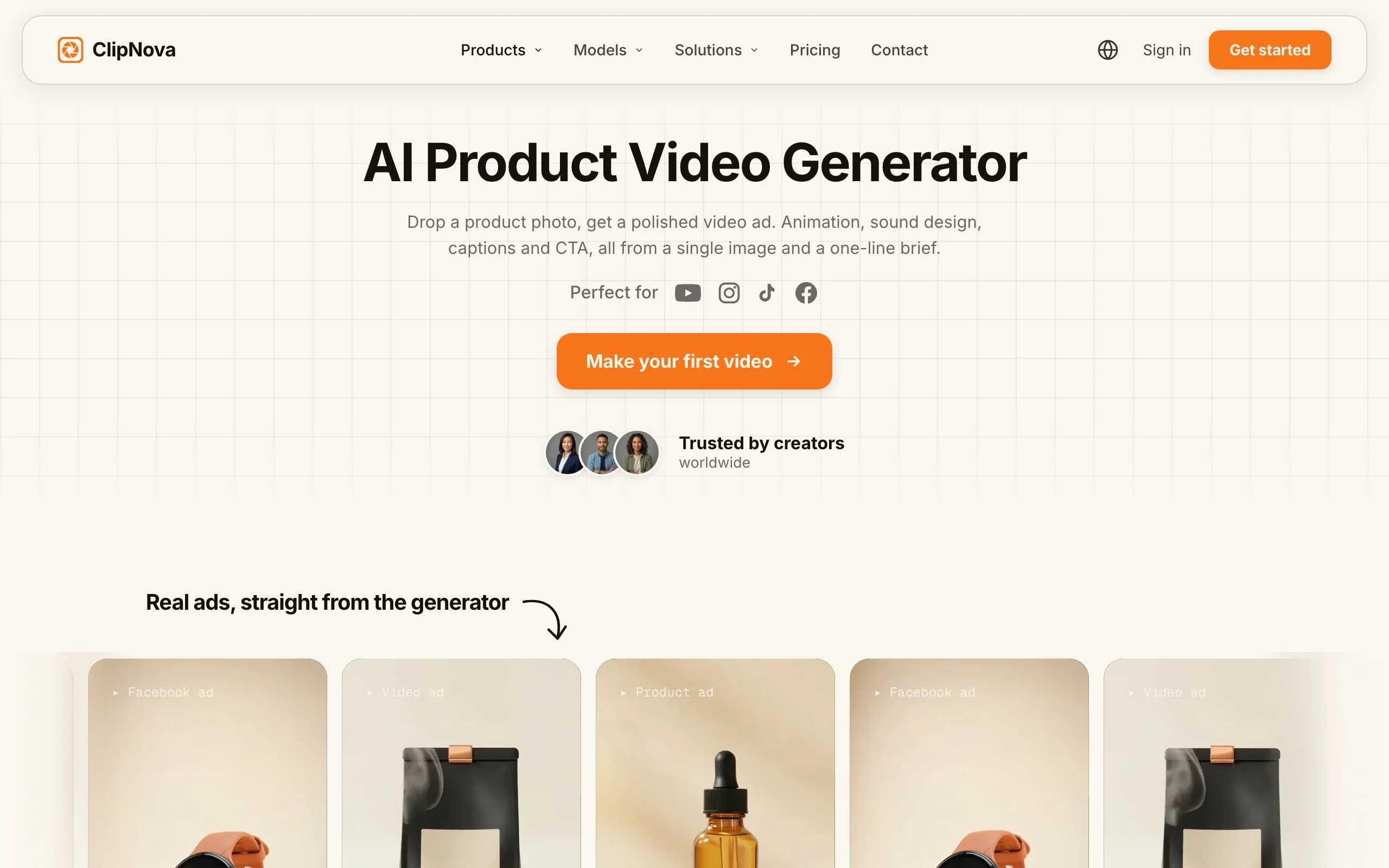 Amazon listing video AI tool ClipNova, its AI product video generator page with real ad examples