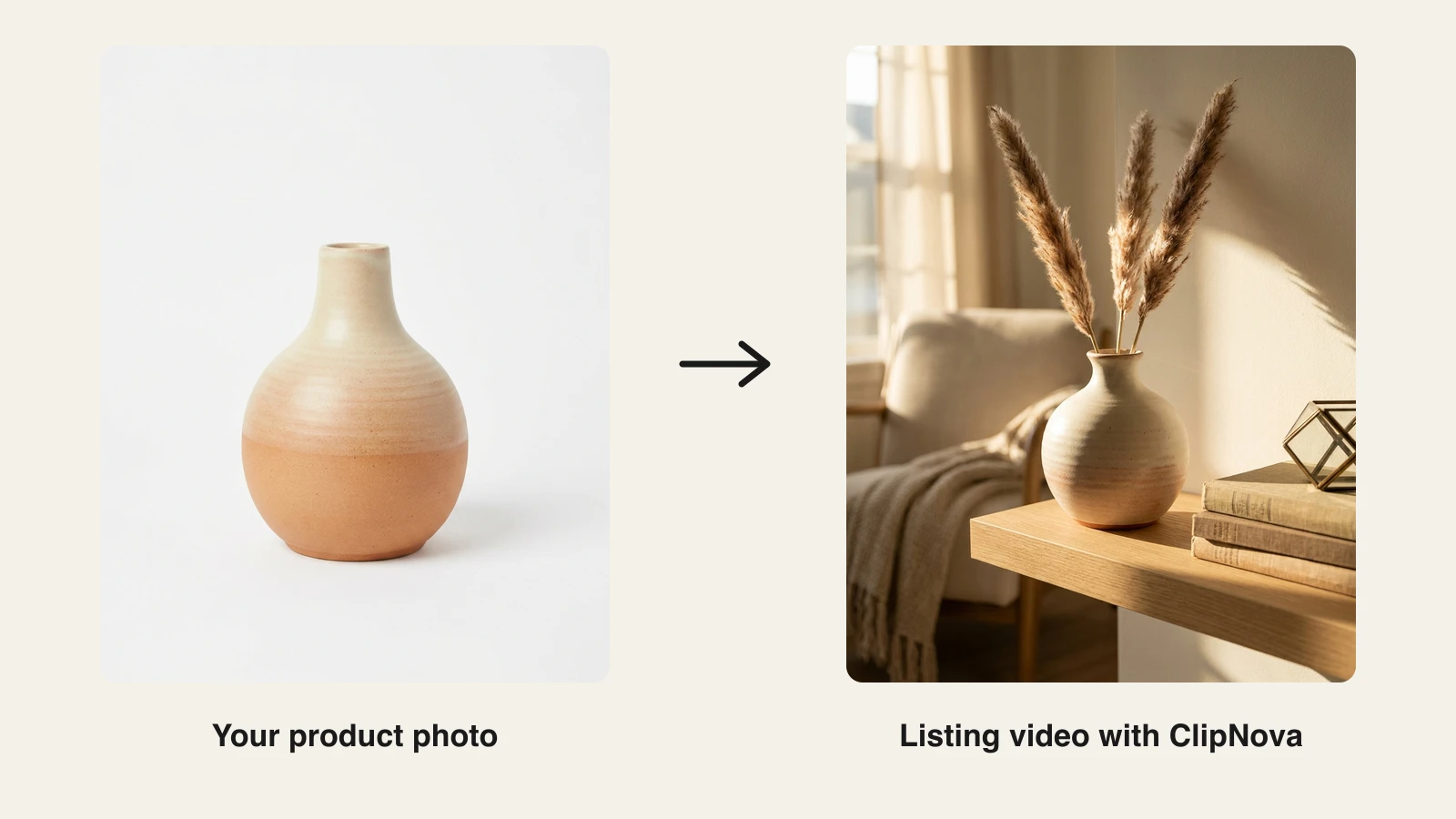 Amazon listing video AI: a plain ceramic vase product shot turned into a styled shelf listing video by ClipNova