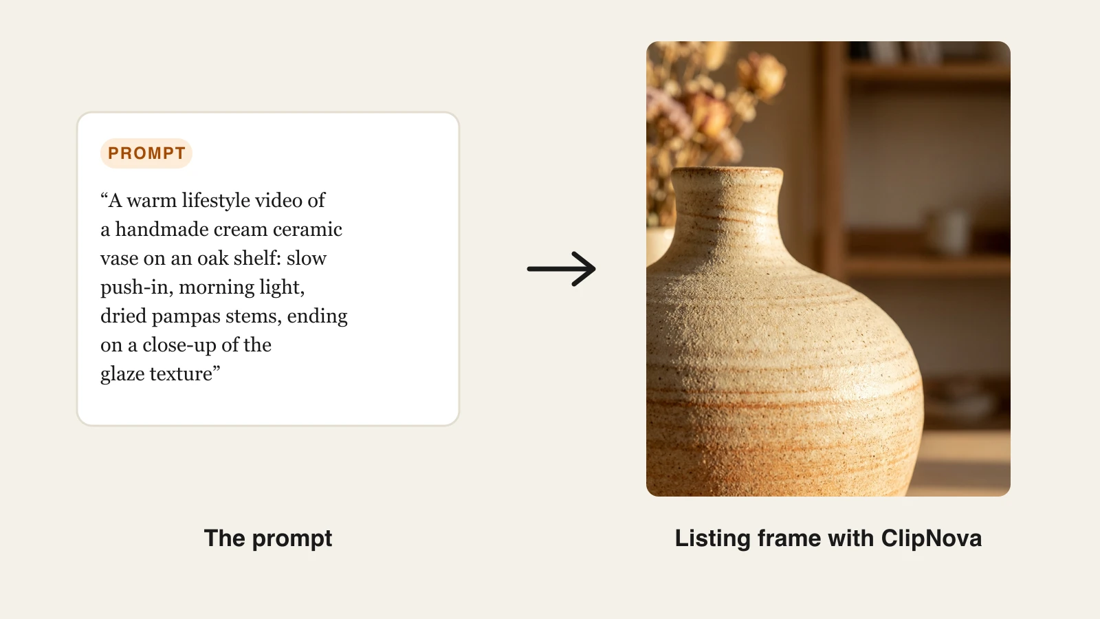 Etsy product video AI example: a warm ceramic vase prompt and the glaze close-up frame ClipNova made