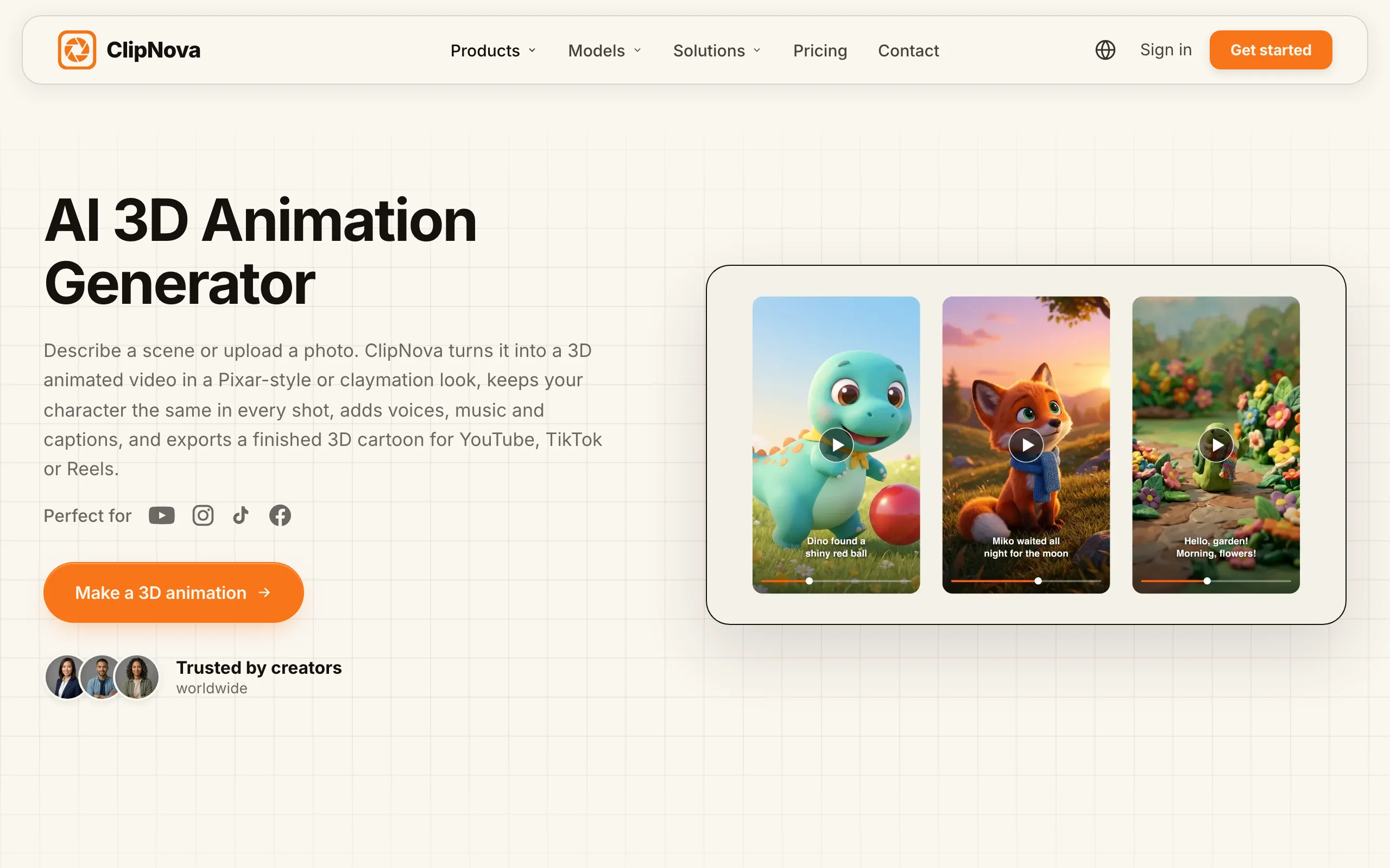 Best AI 3D cartoon video generator ClipNova, its AI 3D Animation Generator page with three 3D animated video examples