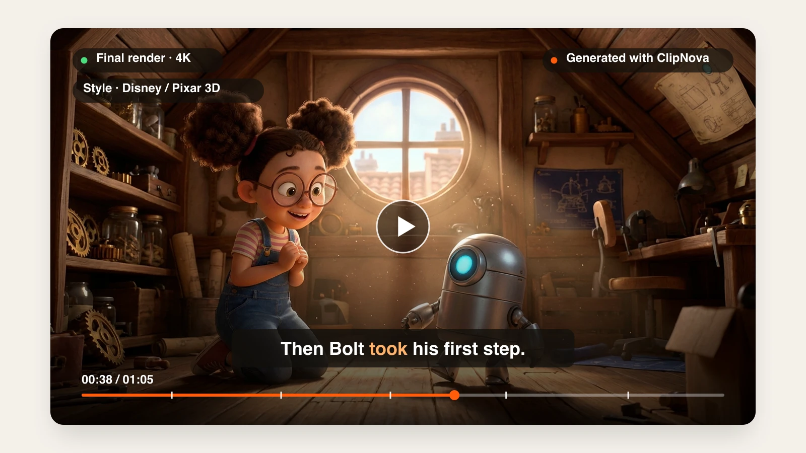 Best AI 3D cartoon video generators: a Disney Pixar 3D style video of a girl and a small robot in an attic, made in ClipNova