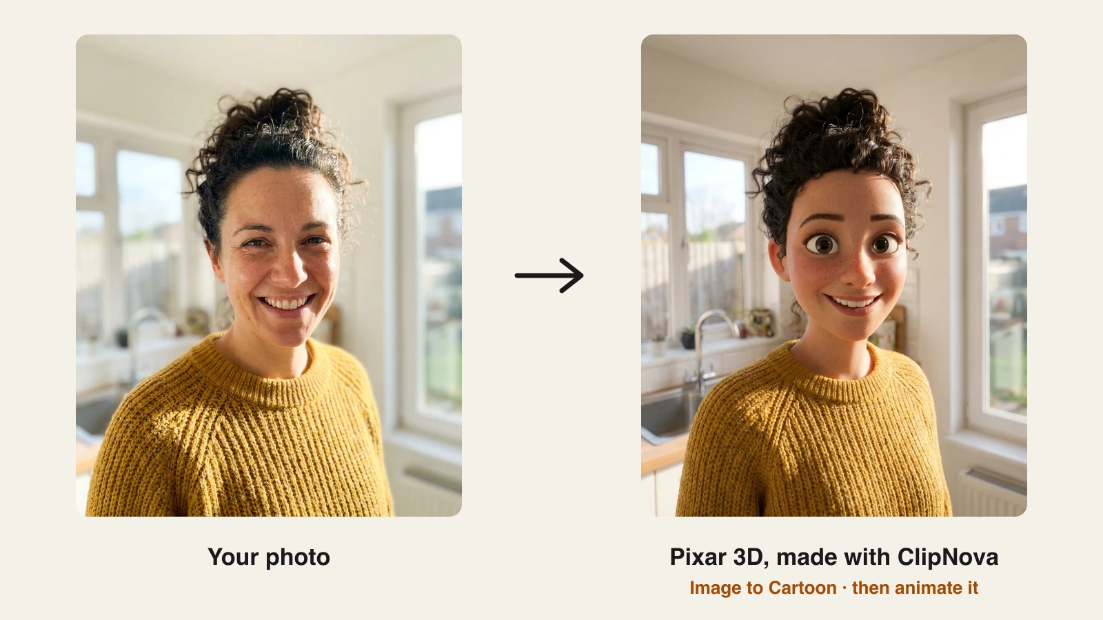 3D cartoon character from a photo: a smiling woman in a mustard sweater turned into a Pixar 3D style portrait with ClipNova