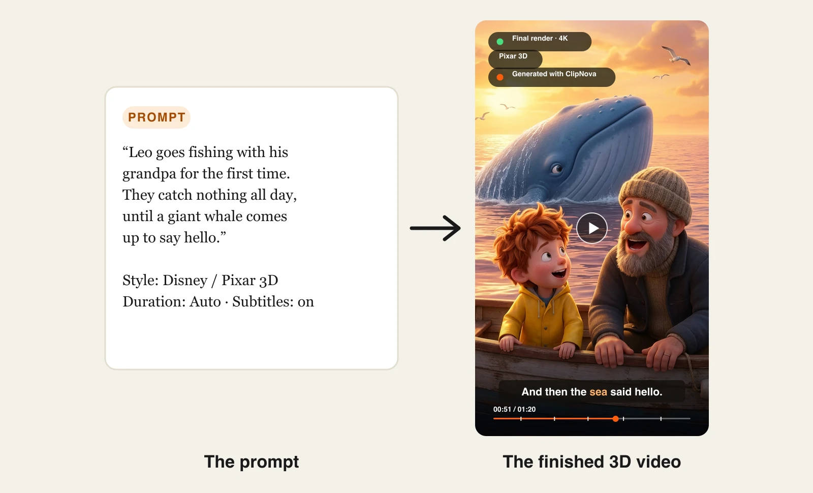 AI 3D cartoon video example: a fishing story prompt next to the finished vertical ClipNova video of a boy and a whale