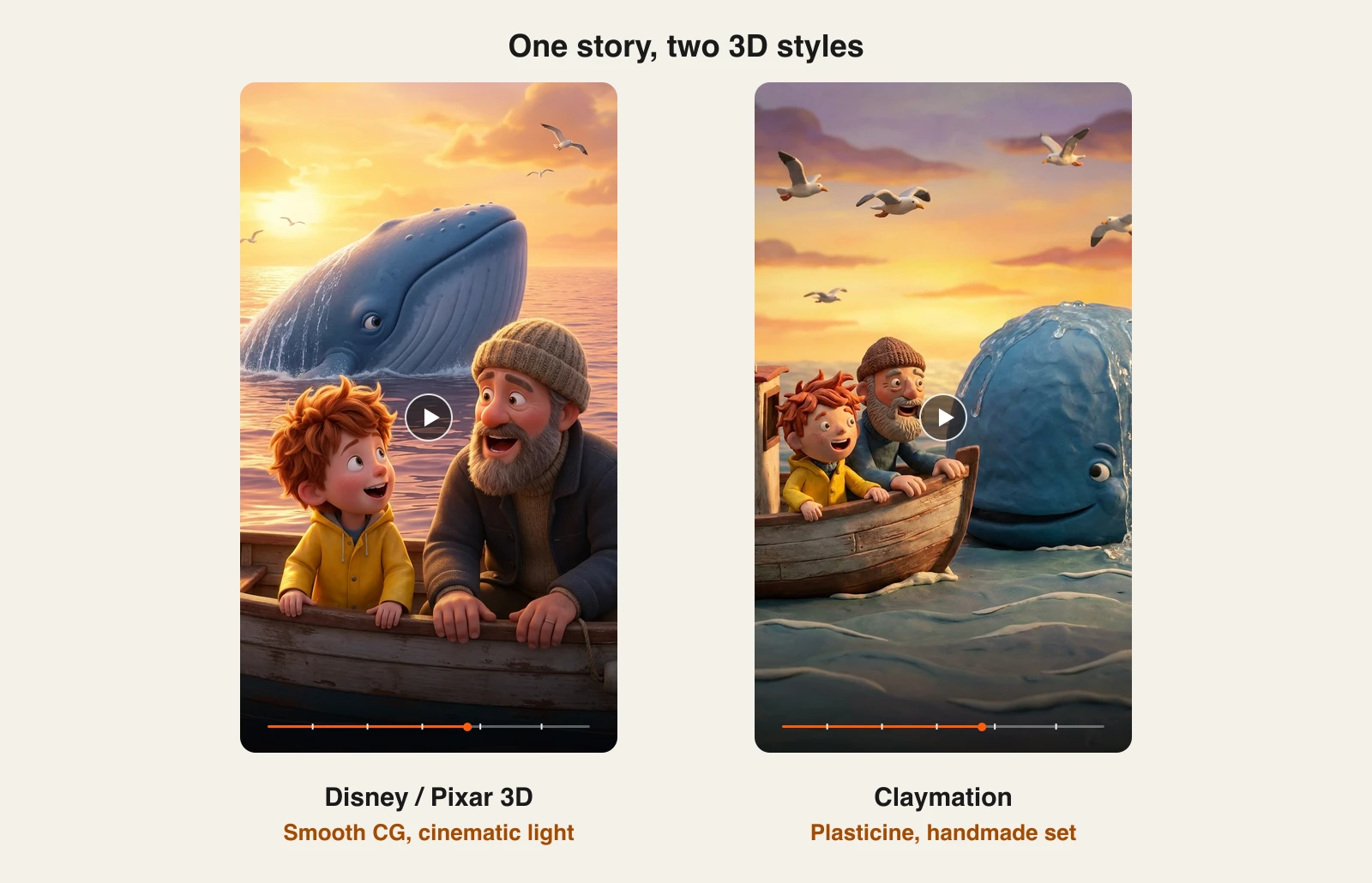 One story in two 3D cartoon styles in ClipNova: Disney Pixar 3D with smooth CG and Claymation with plasticine figures