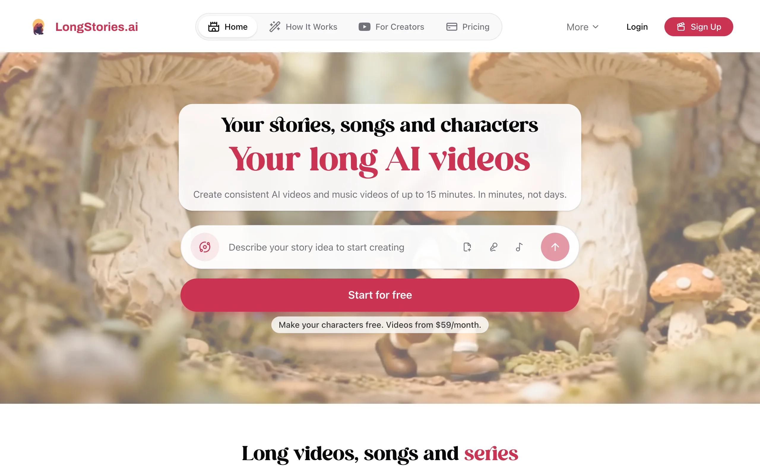 LongStories.ai homepage, an AI tool for long story videos and series up to 15 minutes