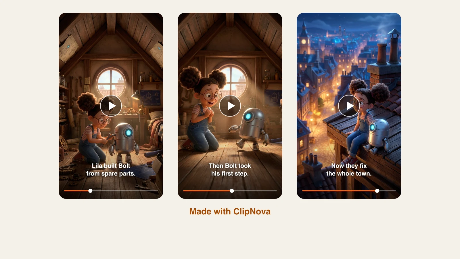 Best AI 3D cartoon video generators: Lila builds Bolt the robot, his first step, and the two on a rooftop at night, three scenes made with ClipNova