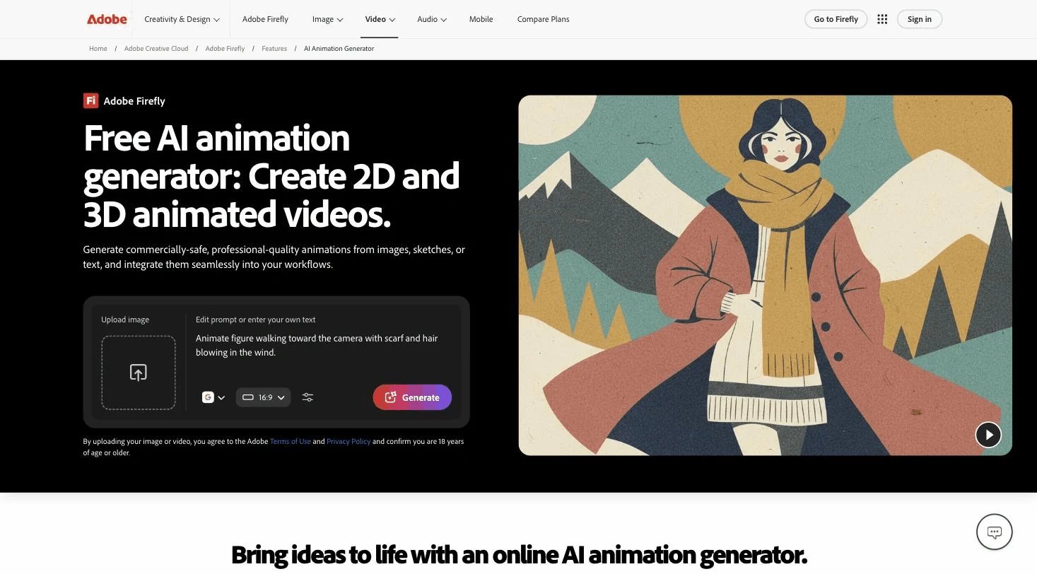Adobe Firefly AI animation maker page with an animated illustration of a woman in a scarf