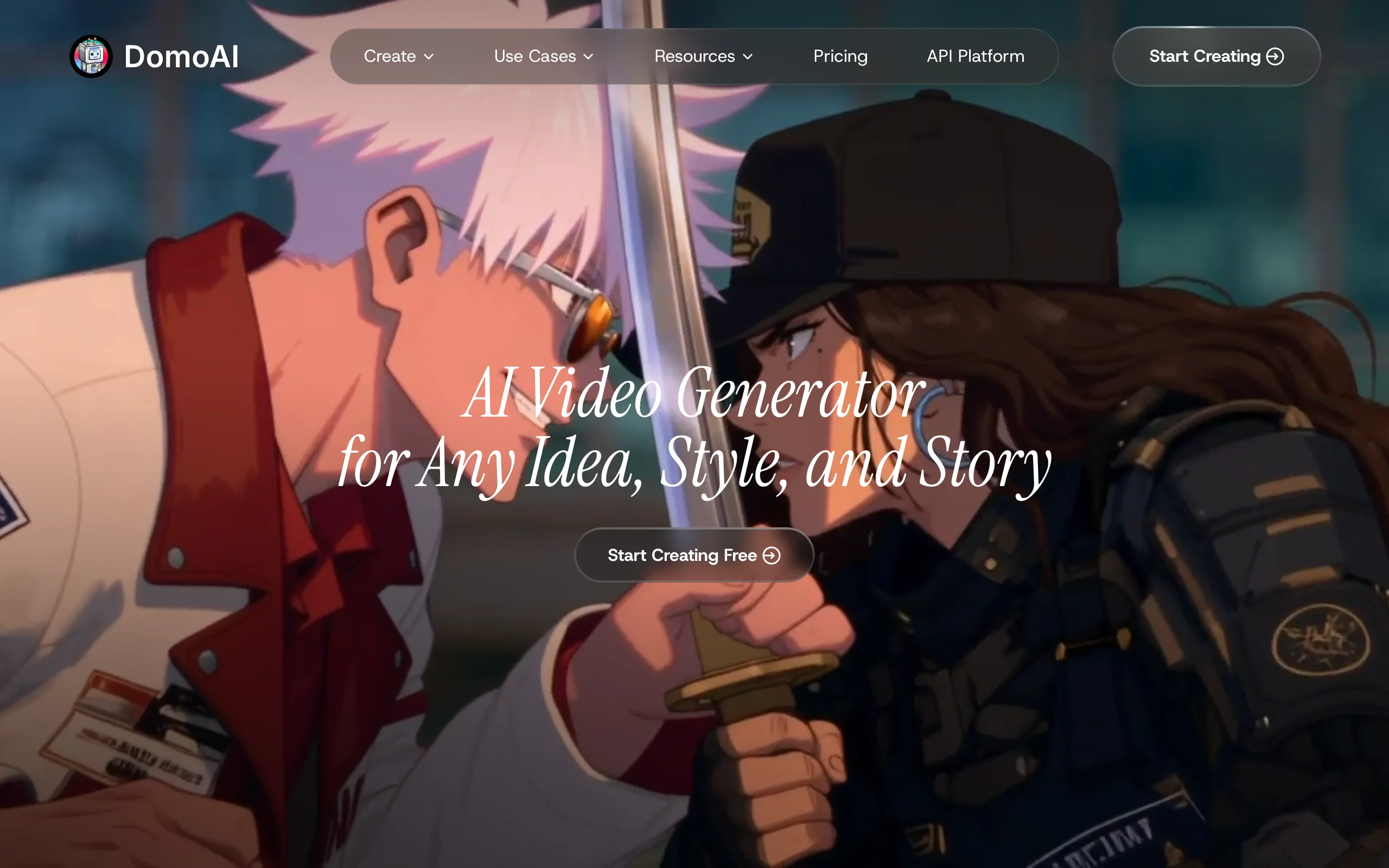 DomoAI homepage with an anime-style sword scene, a video-to-anime animation tool