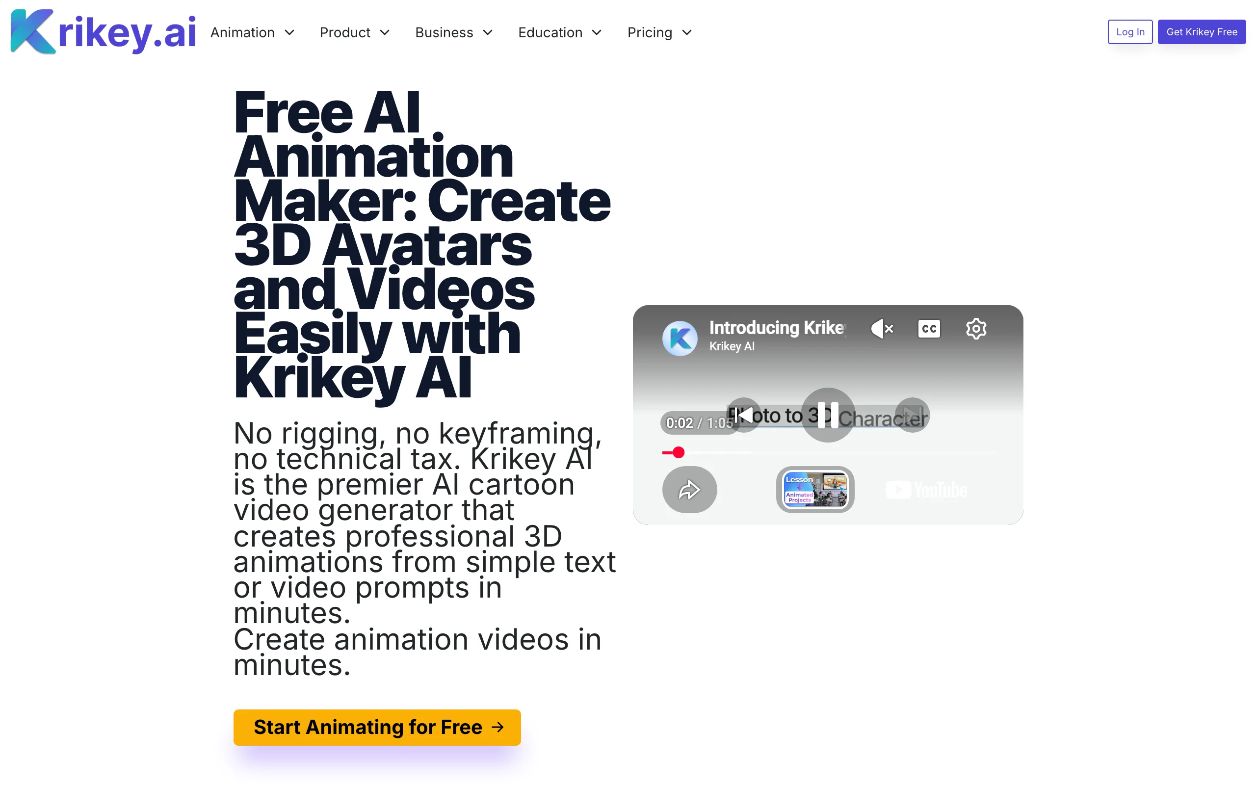 Krikey AI homepage, a 3D avatar animation maker with a product video