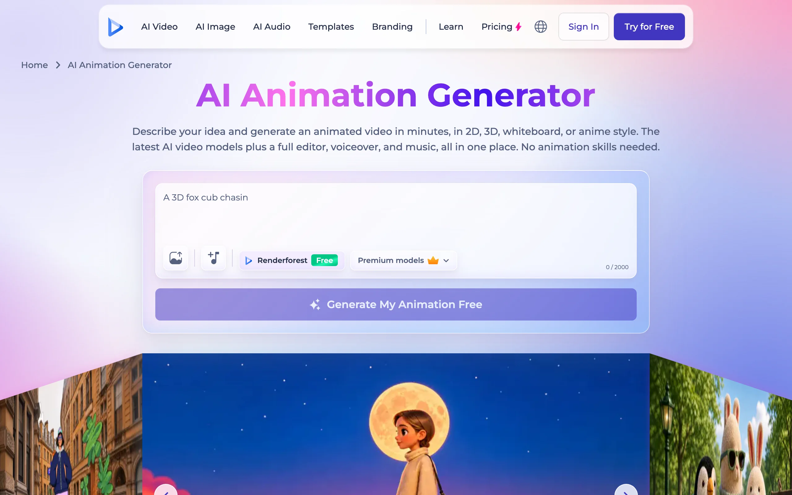 Renderforest AI animation generator page with a prompt box for 2D, 3D, whiteboard and anime videos