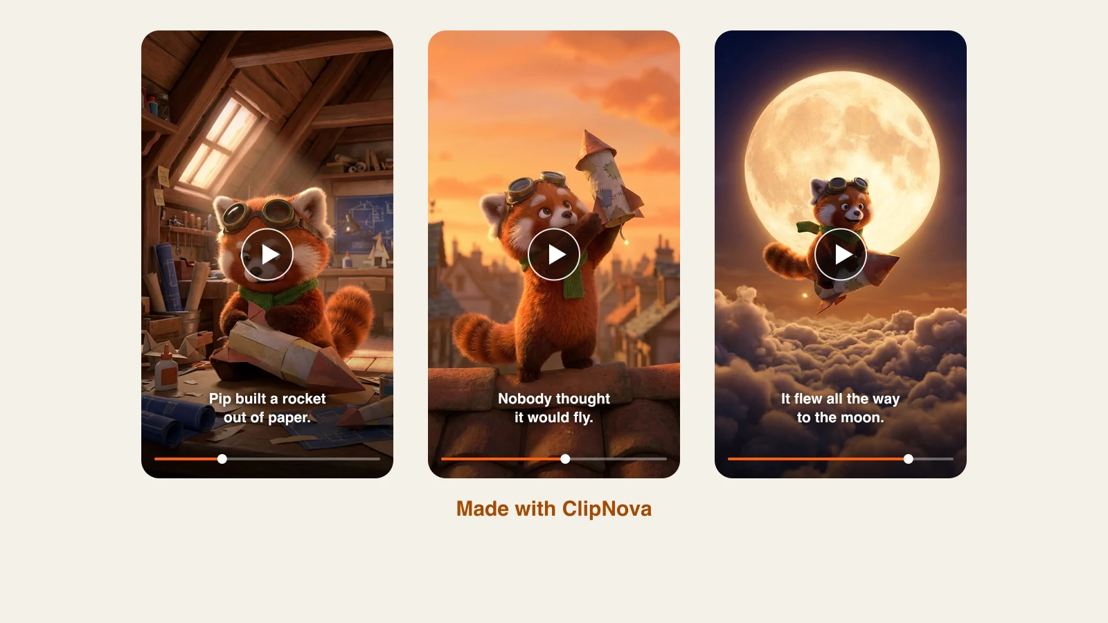 Best AI animation generators: Pip the red panda builds a paper rocket and flies it to the moon, three scenes made with ClipNova