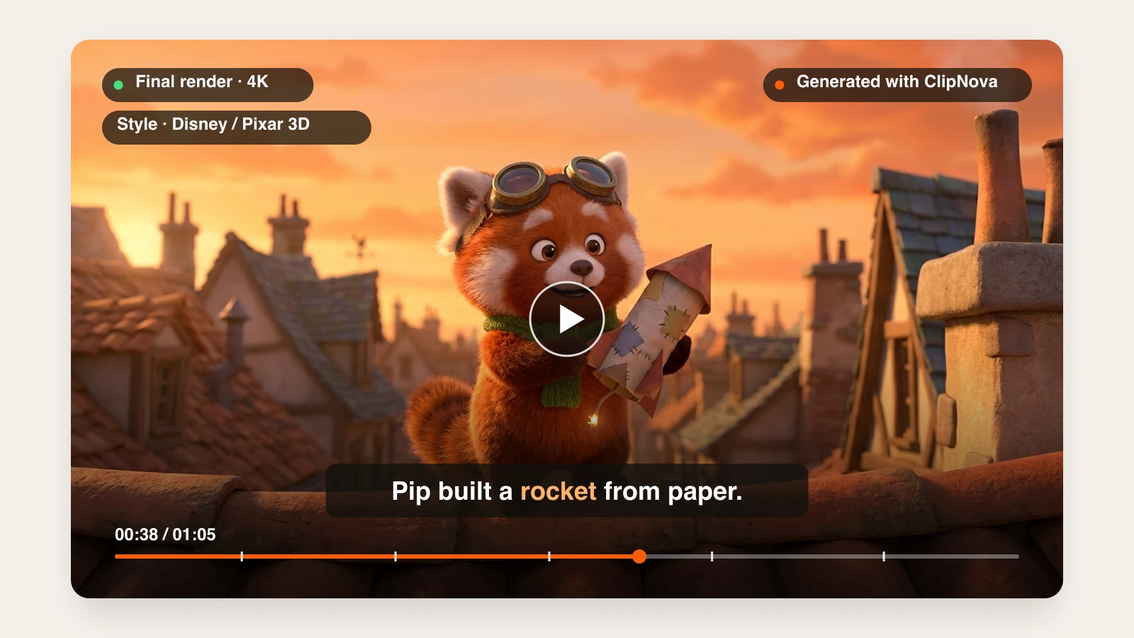 Best AI animation generators: a Pixar-style 3D red panda inventor holding a paper rocket, rendered with ClipNova