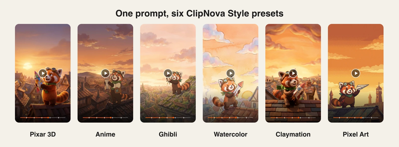 ClipNova animation style presets: the same red panda in Pixar 3D, Anime, Ghibli, Watercolor, Claymation and Pixel Art