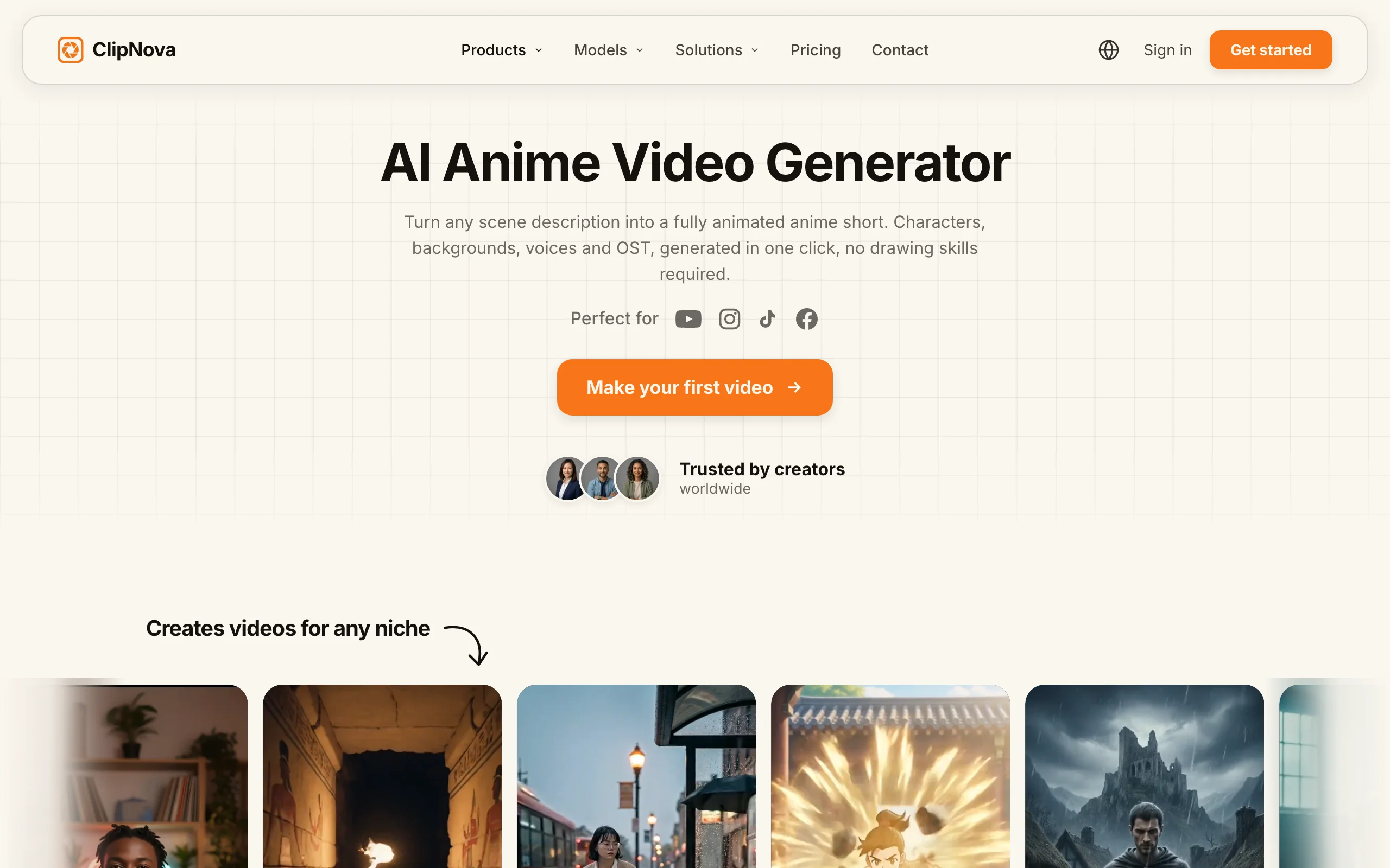 Best AI anime video generator ClipNova, its AI Anime Video Generator page with niche video examples