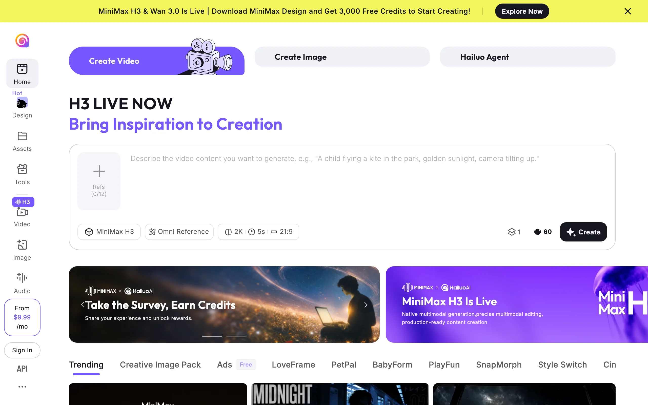 Hailuo AI video creation dashboard by MiniMax with the H3 model prompt box