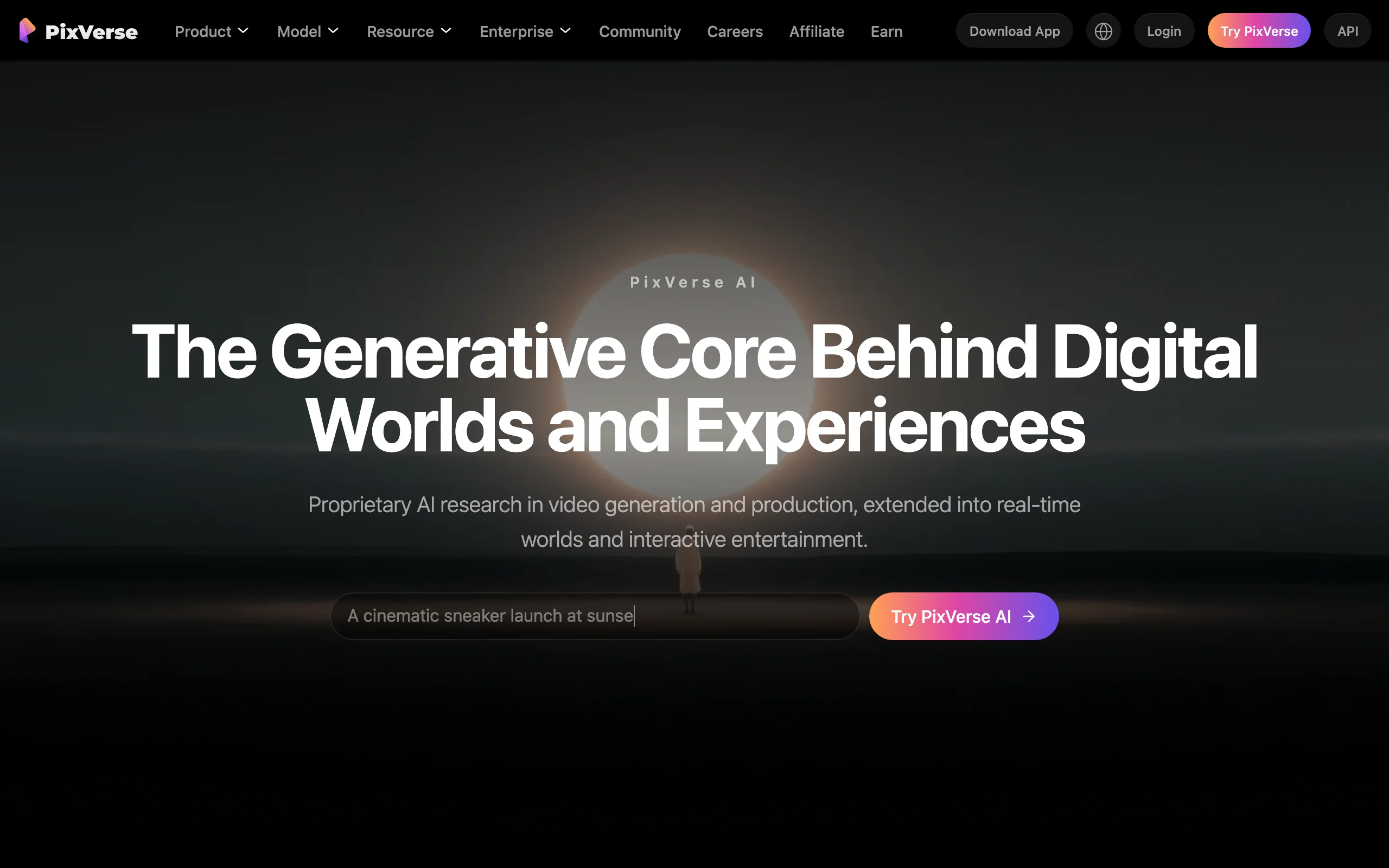 PixVerse AI homepage with its prompt bar for generative video clips