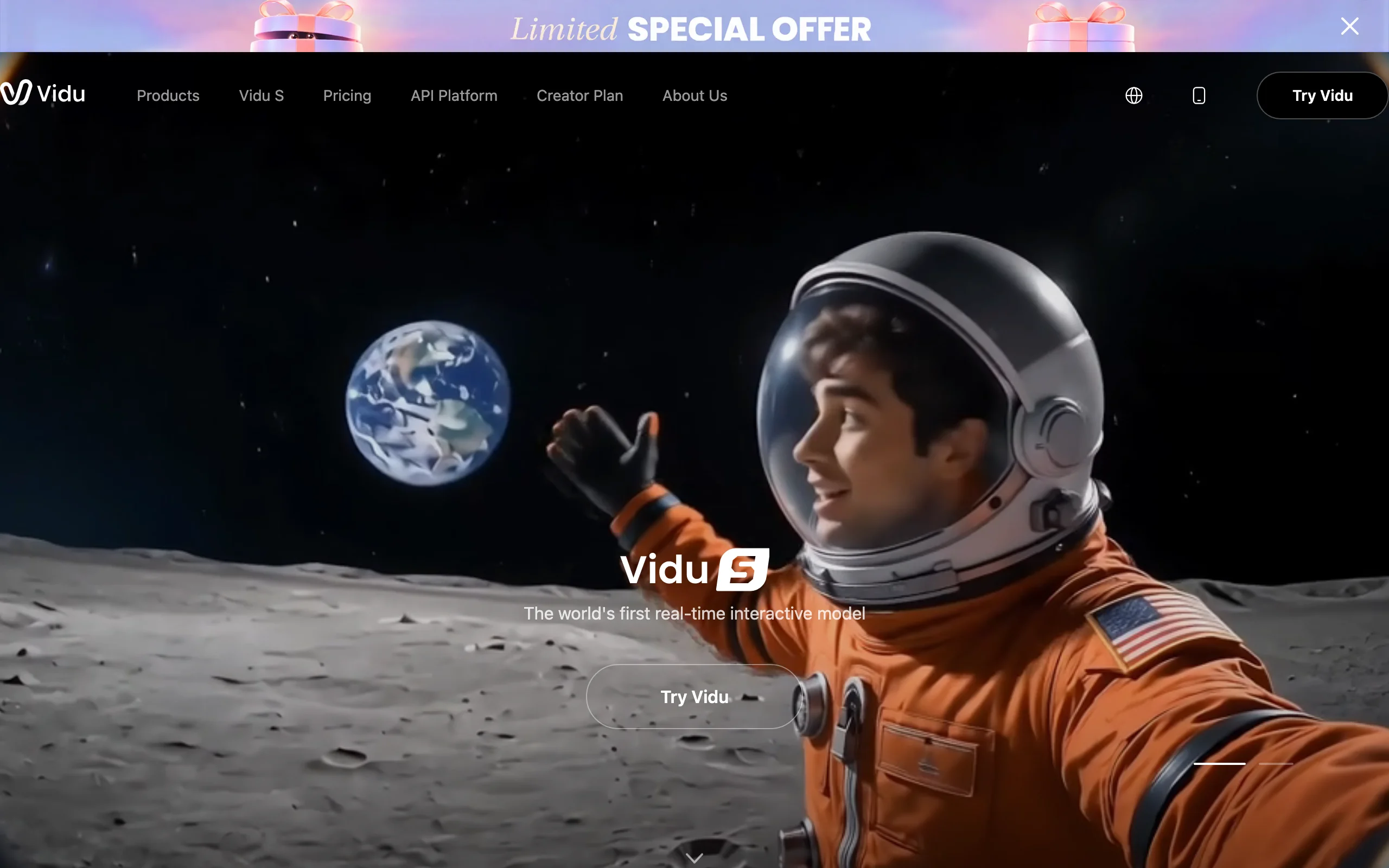 Vidu AI video generator homepage featuring the Vidu S model with an astronaut on the moon