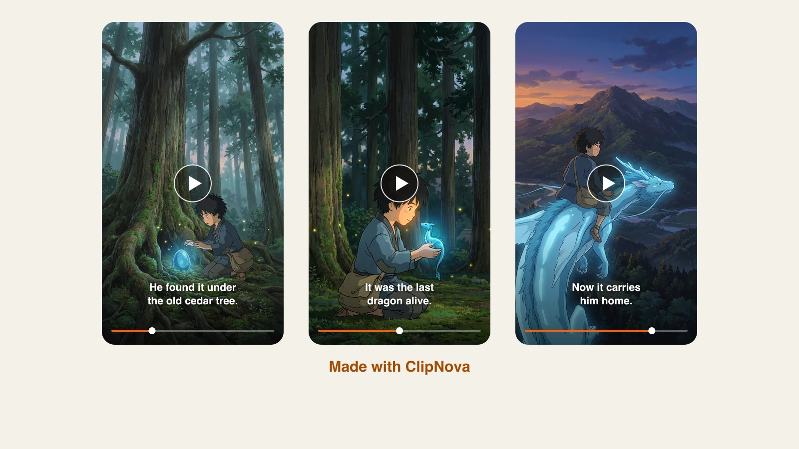 Best AI anime video generators: Kaito finds a dragon egg, the hatchling and the grown dragon carrying him home, three scenes made with ClipNova