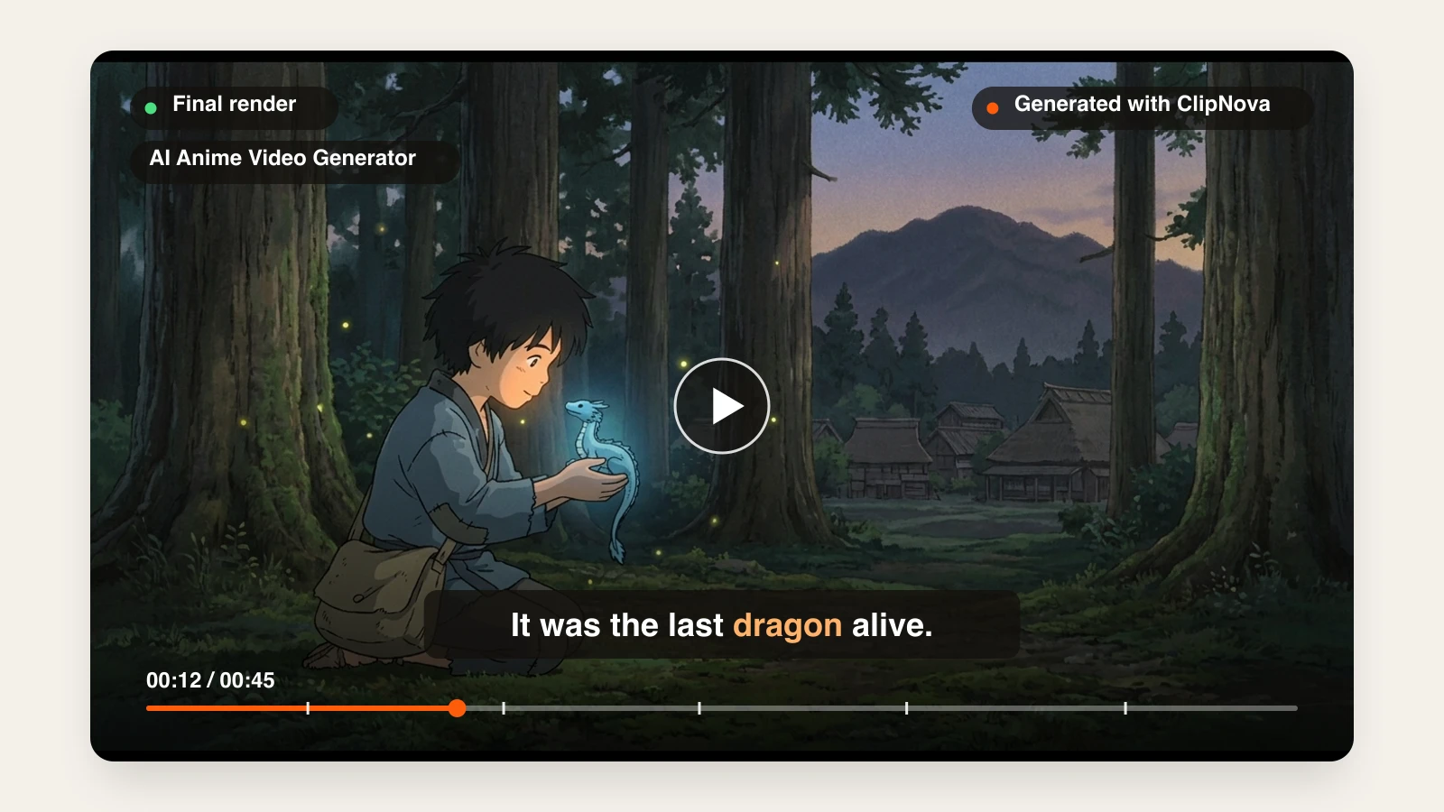 Best AI anime video generators: a ClipNova anime short of a village boy holding a glowing blue dragon in a forest