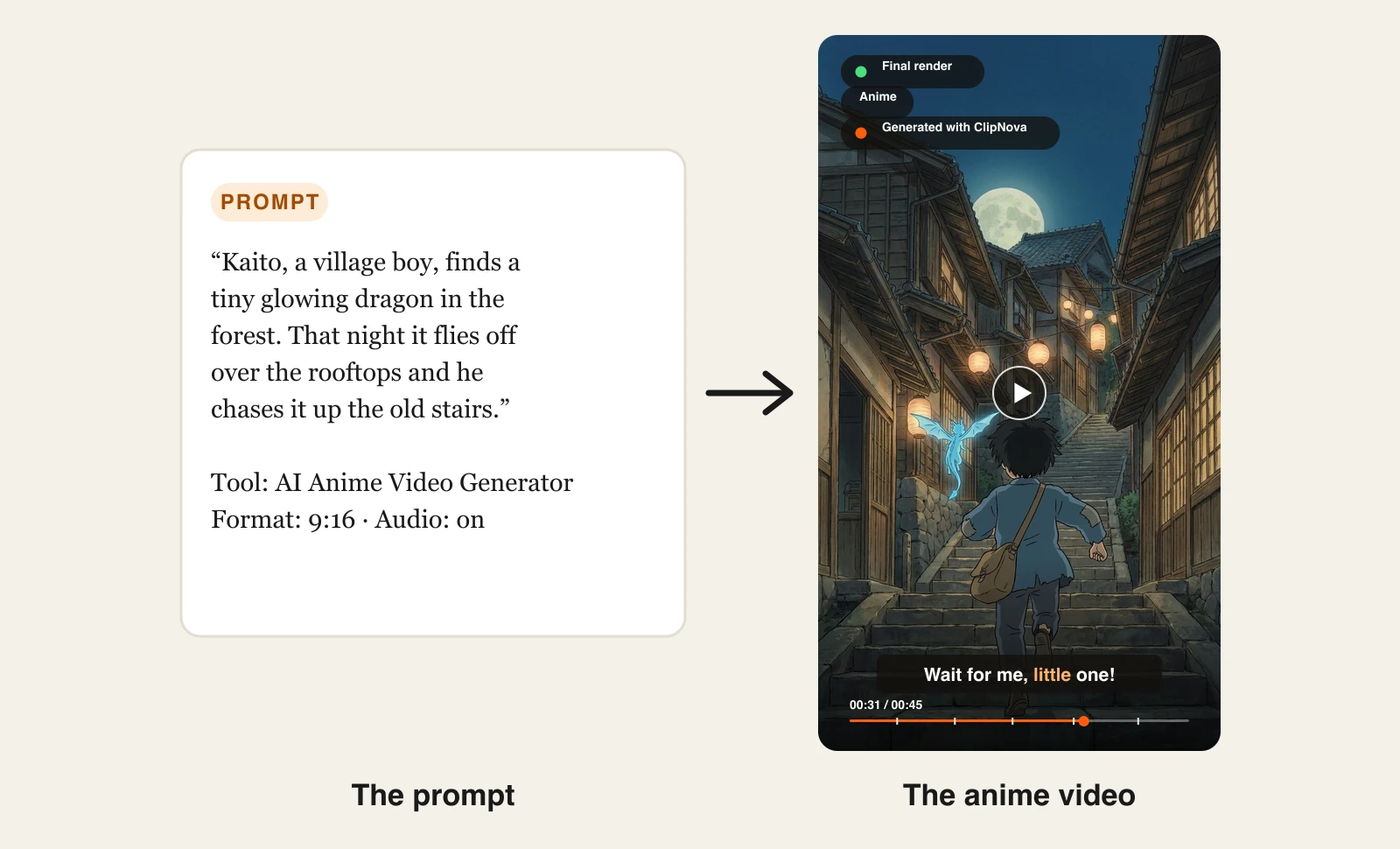 ClipNova anime video maker example: a Kaito dragon prompt and the vertical anime clip of him chasing it up stairs