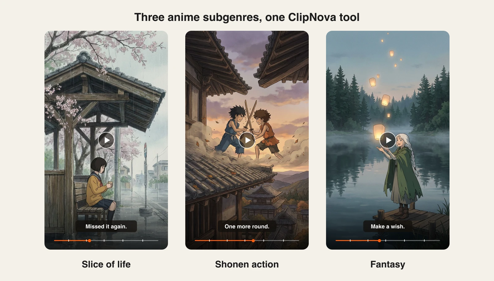 Three AI anime videos from ClipNova in slice of life, shonen action and fantasy styles