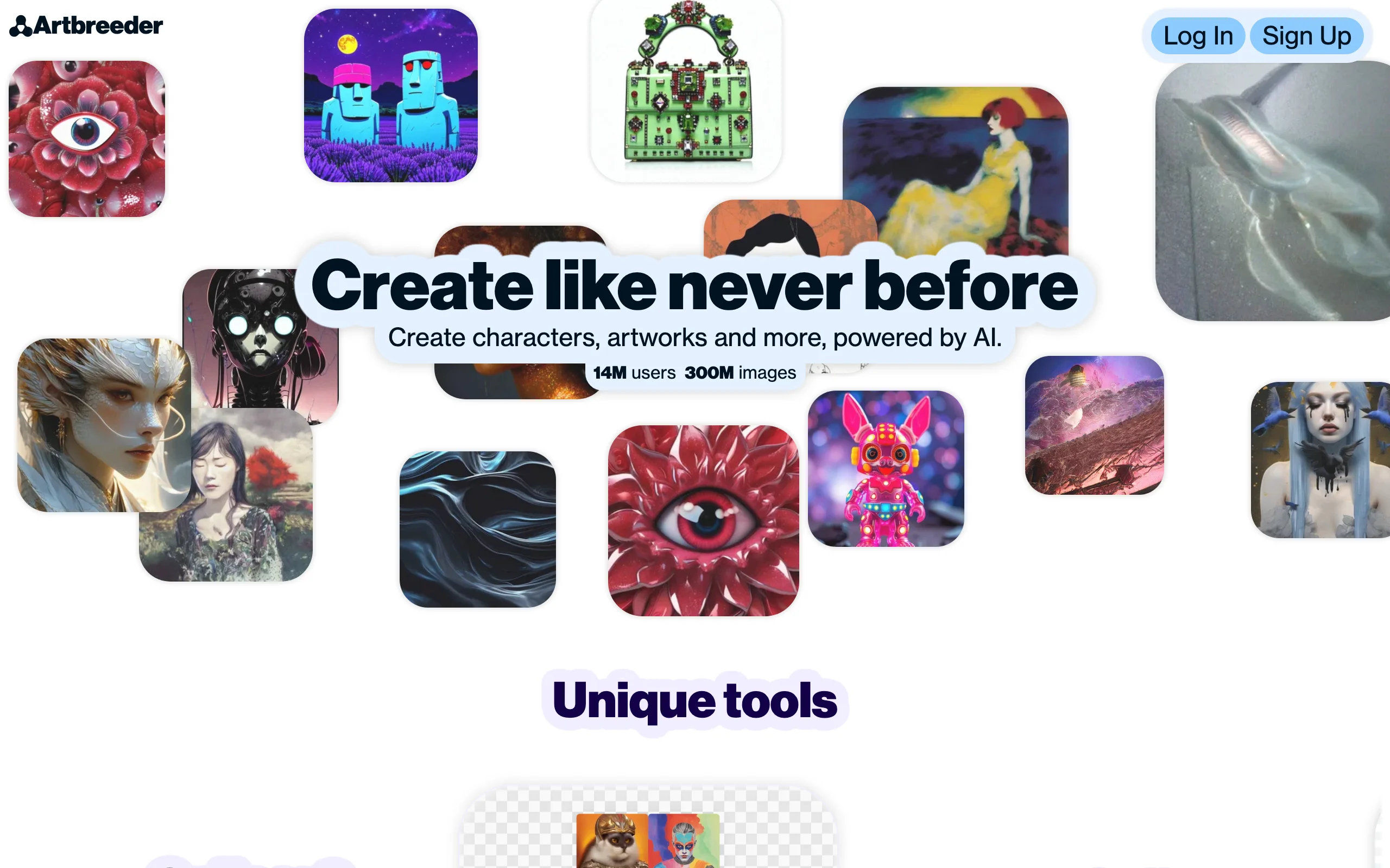 Artbreeder homepage, an AI tool to create characters by blending faces and traits