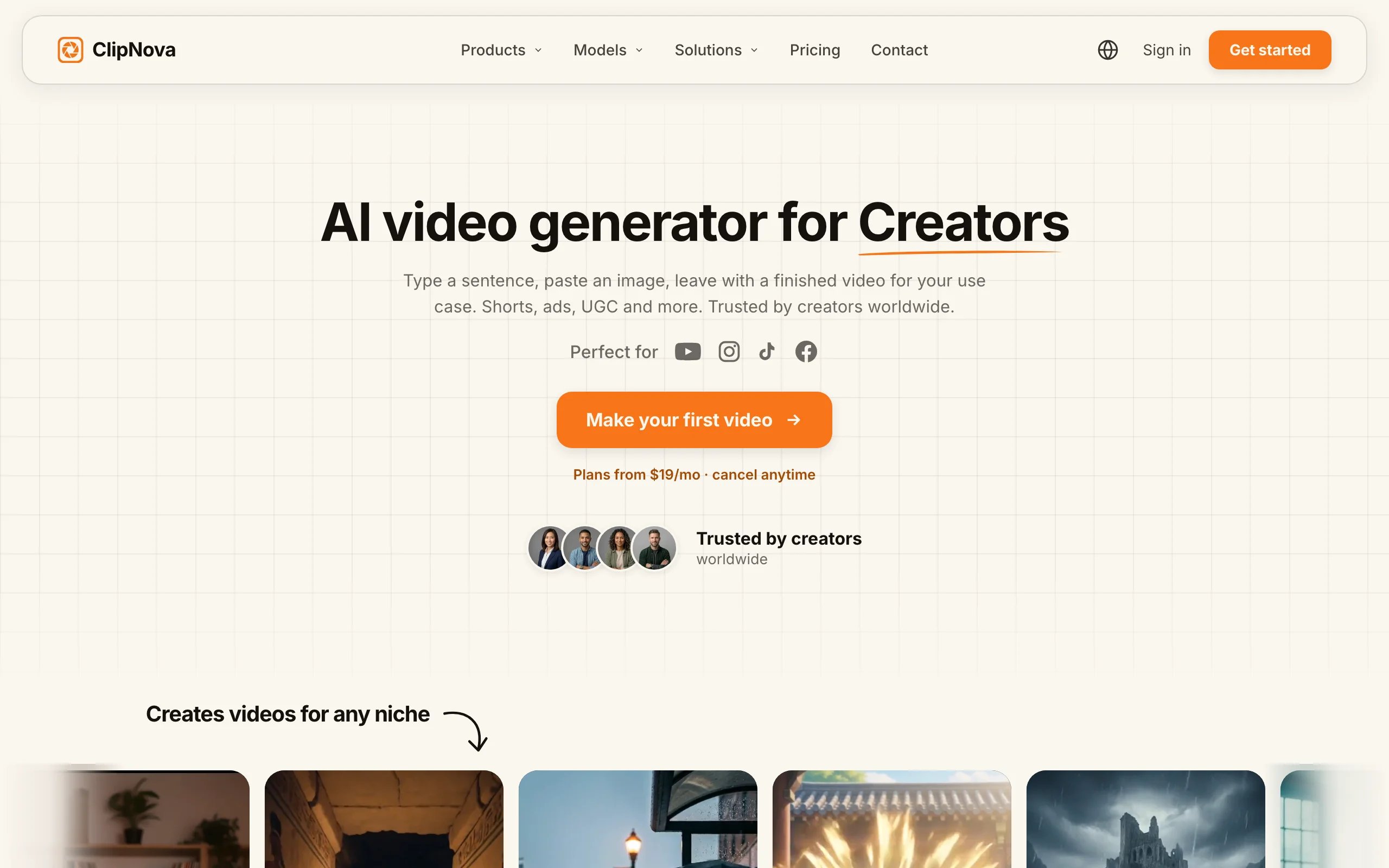 Best AI art generator for fantasy characters ClipNova, its AI video generator for creators page