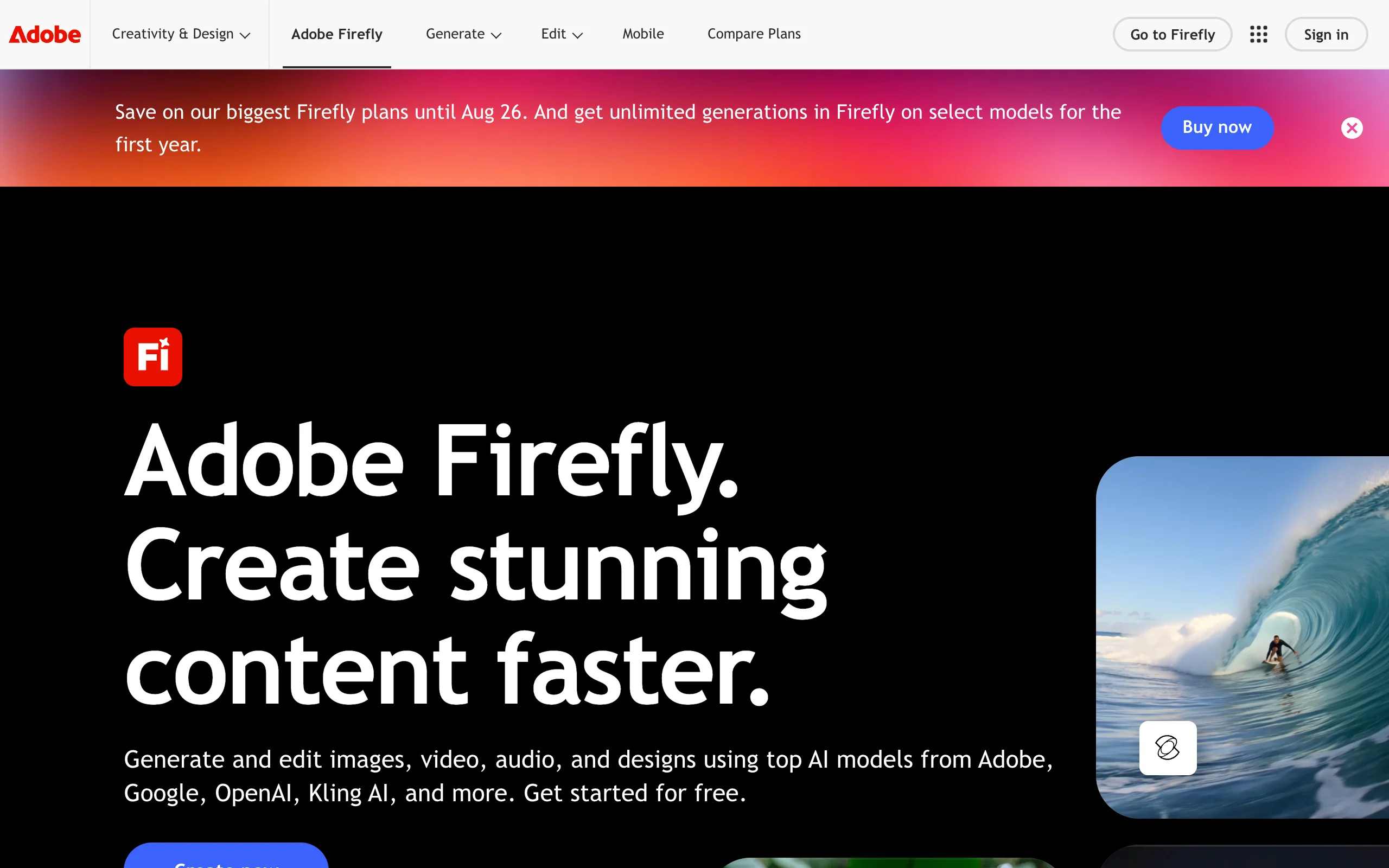 Adobe Firefly homepage, a commercially safe fantasy character creator AI from Adobe