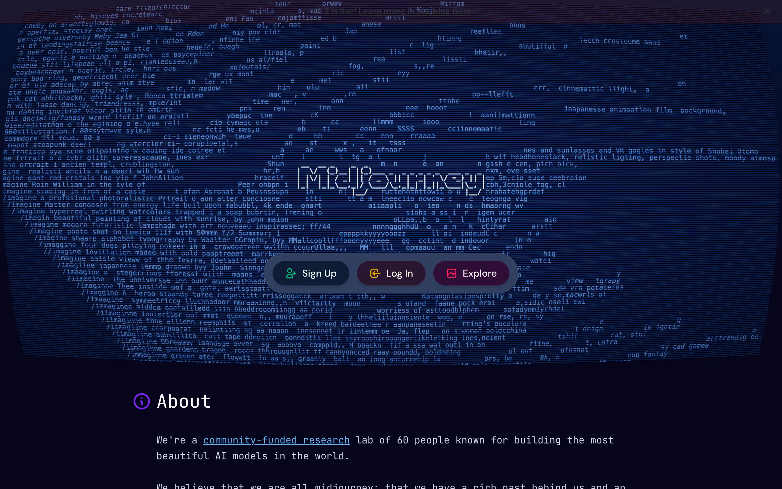 Midjourney homepage, an AI fantasy art generator known for painterly illustration