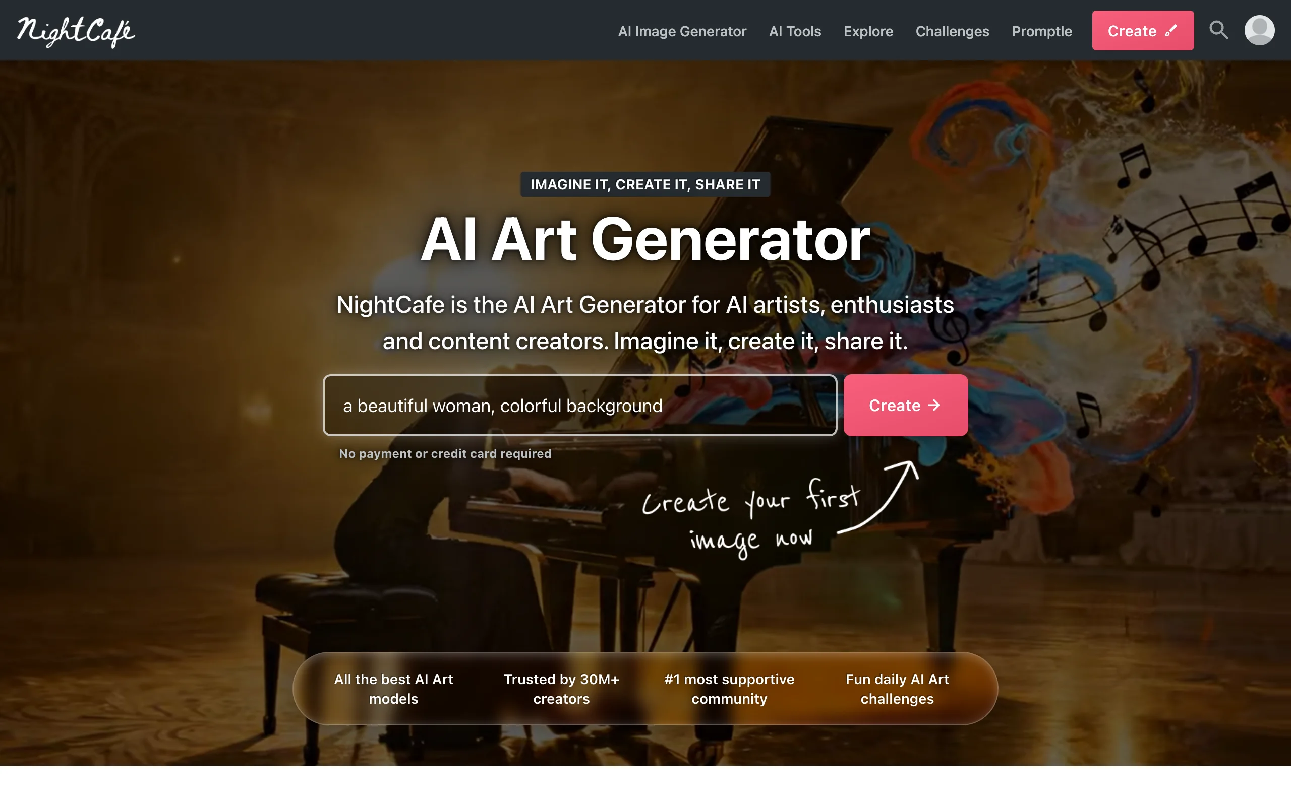 NightCafe AI art generator homepage with a prompt box and access to many models