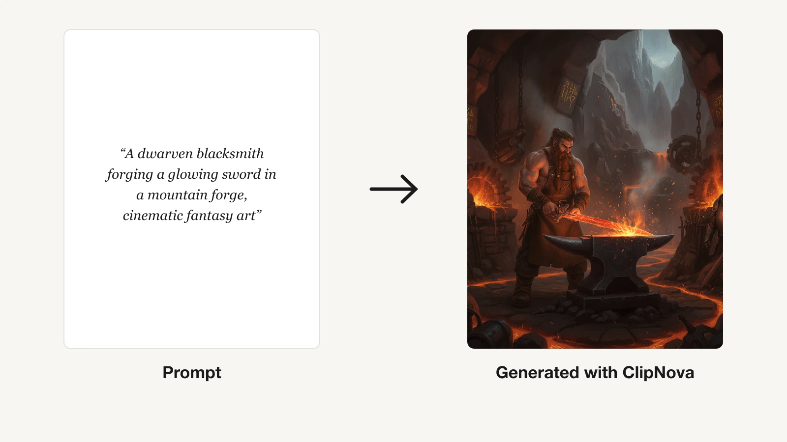 Best AI art generator for fantasy characters: a prompt turned into a dwarven blacksmith forging a glowing sword in ClipNova