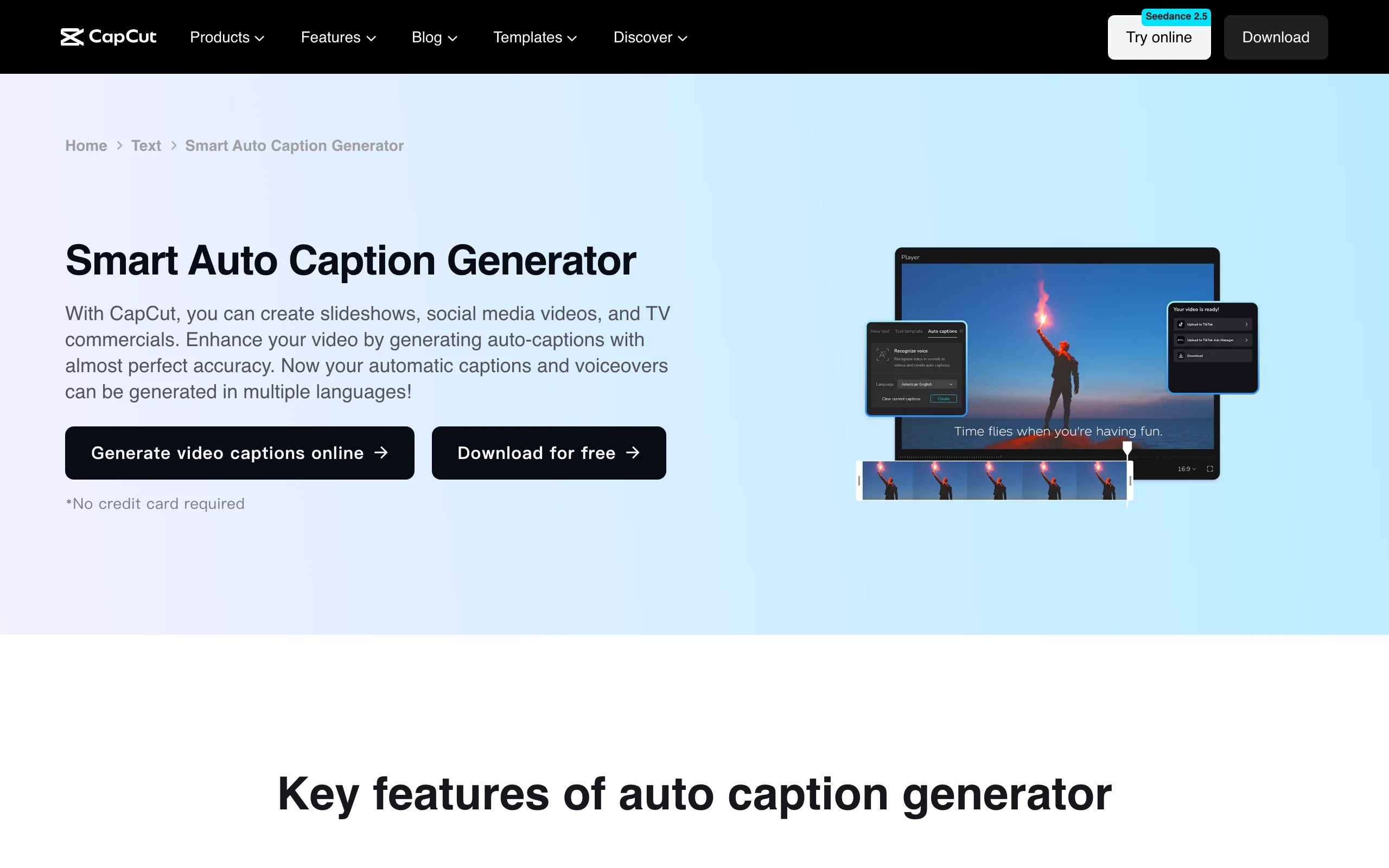 CapCut Smart Auto Caption Generator page with a video editor preview