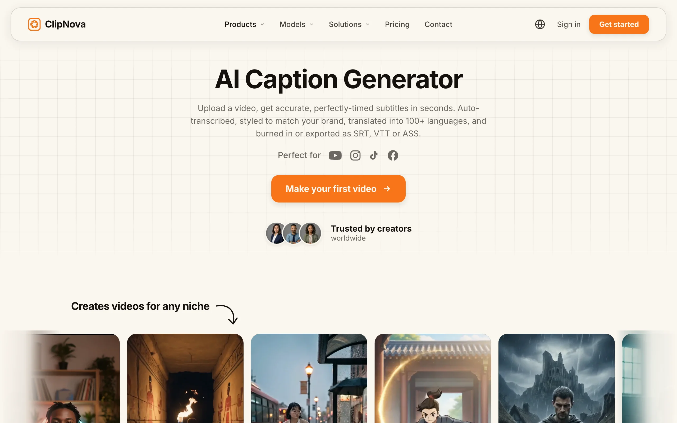 AI caption generator for video ClipNova, its page for auto-transcribed subtitles in 100+ languages