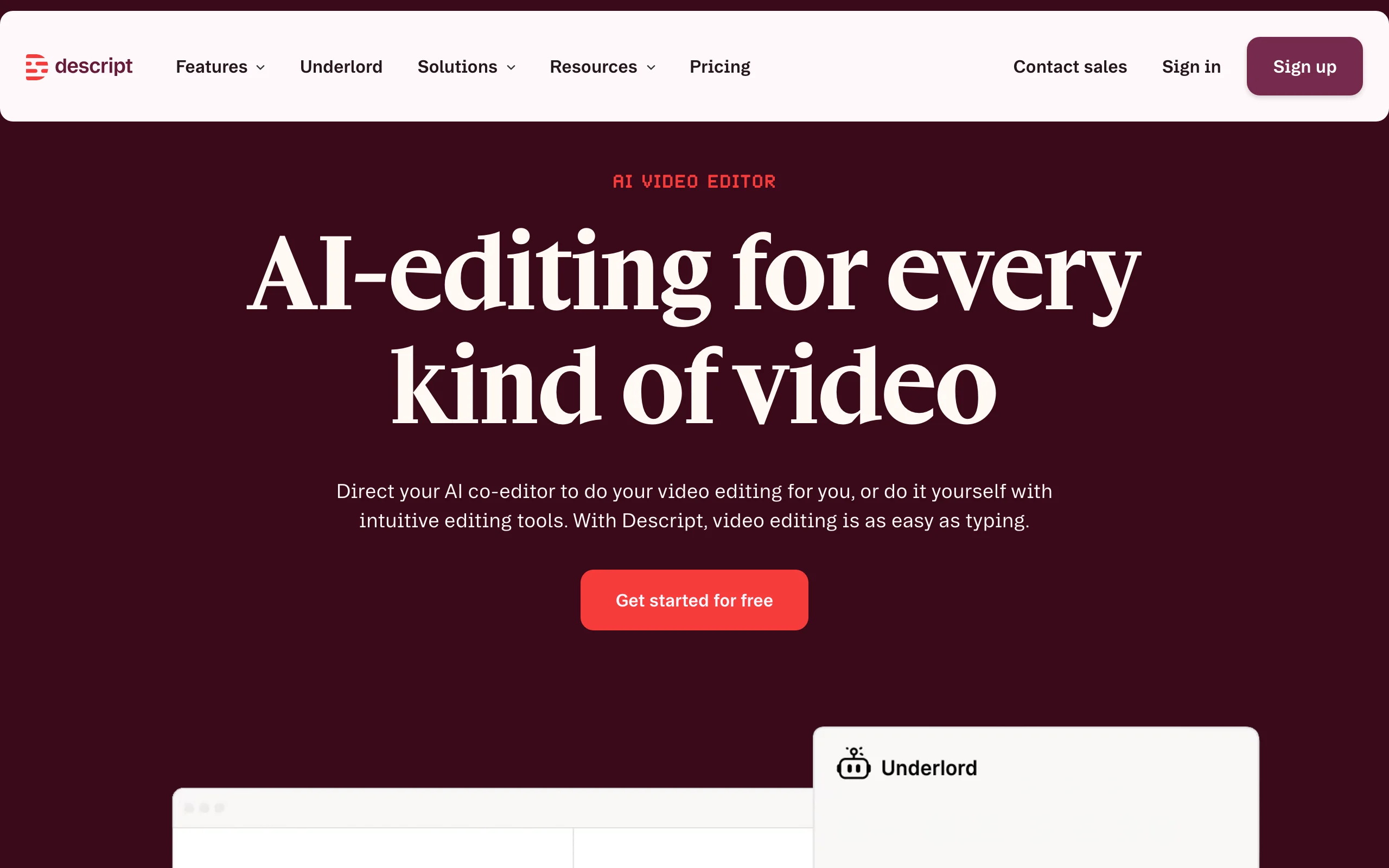 Descript AI video editor homepage, a transcription-first subtitle generator
