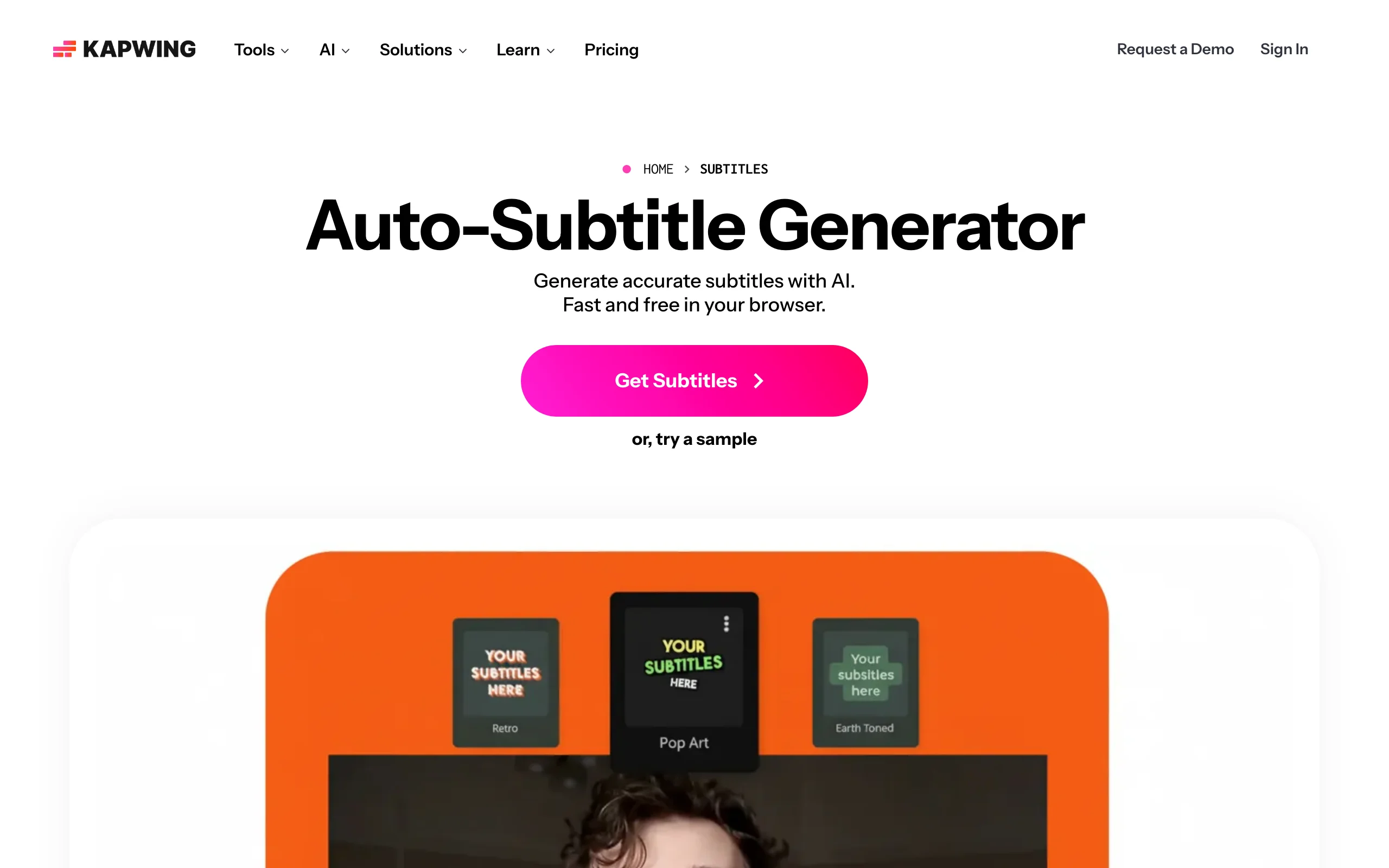 Kapwing Auto-Subtitle Generator page with retro and pop art subtitle style presets