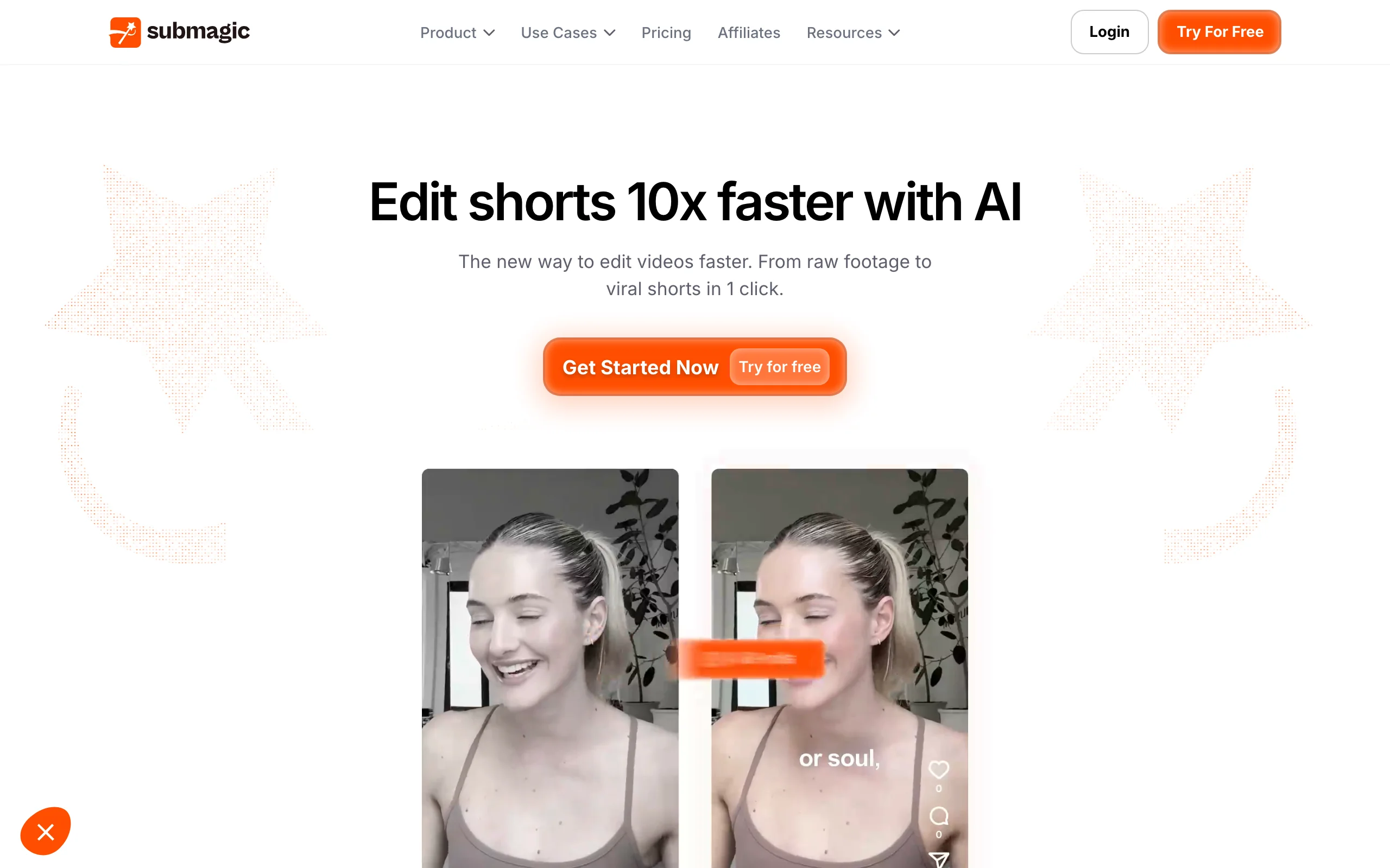 Submagic homepage showing animated short-form captions on a vertical talking clip