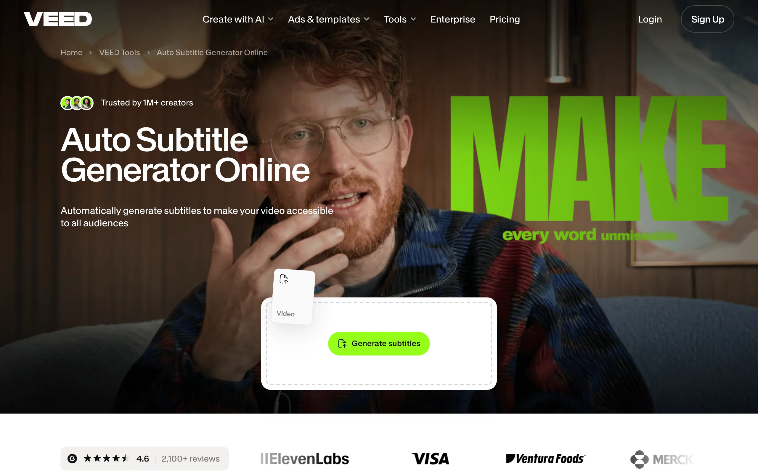 VEED Auto Subtitle Generator Online page with a generate subtitles button