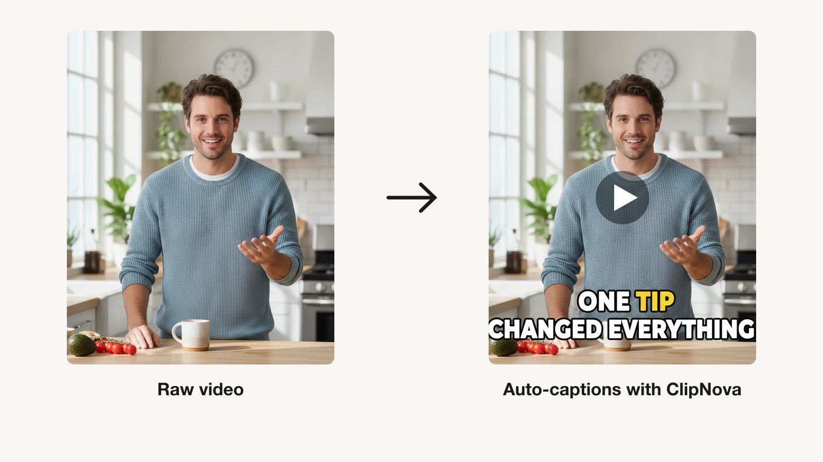 AI caption generators: a raw kitchen video frame next to the same frame with bold auto-captions burned in by ClipNova