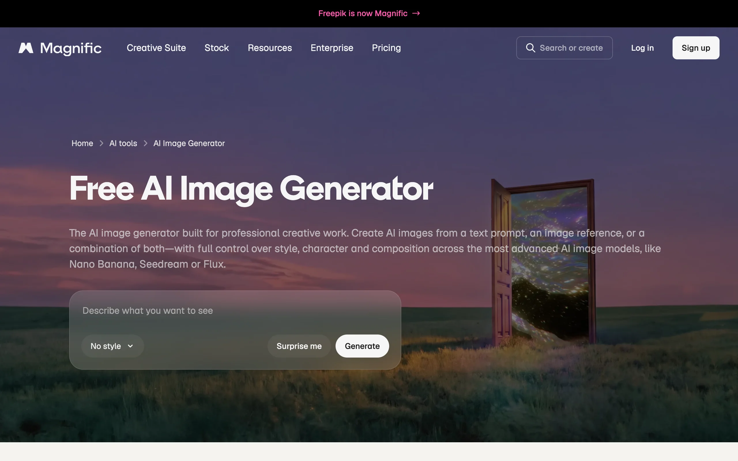Magnific AI image generator page, formerly Freepik, for directing a reusable cartoon cast