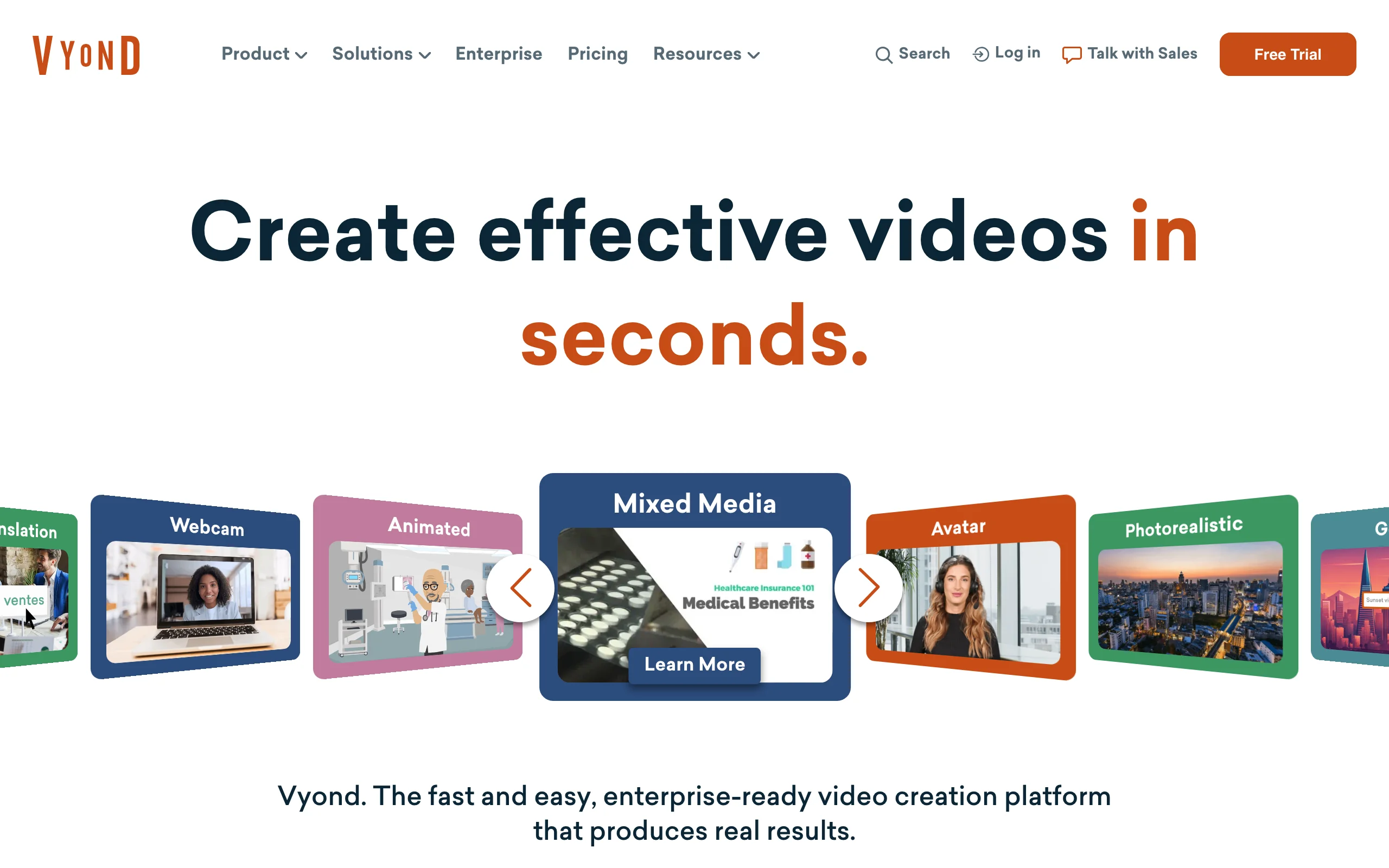 Vyond homepage with a carousel of animated, avatar and mixed media business video styles